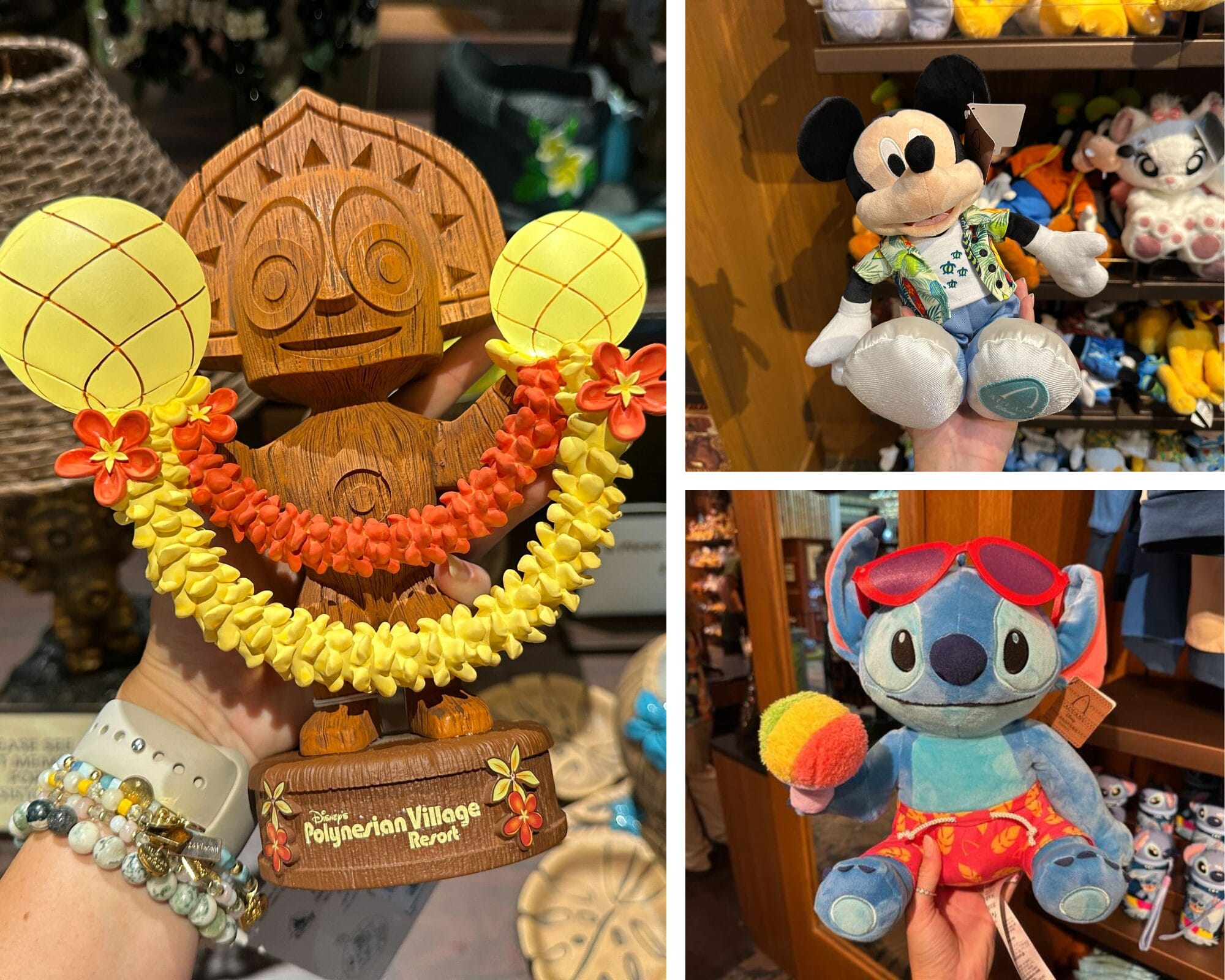 A hand holds a Maui Figurine, plus plush Mickey and Stitch dolls in tropical outfits at Disney's Polynesian Village Resort.