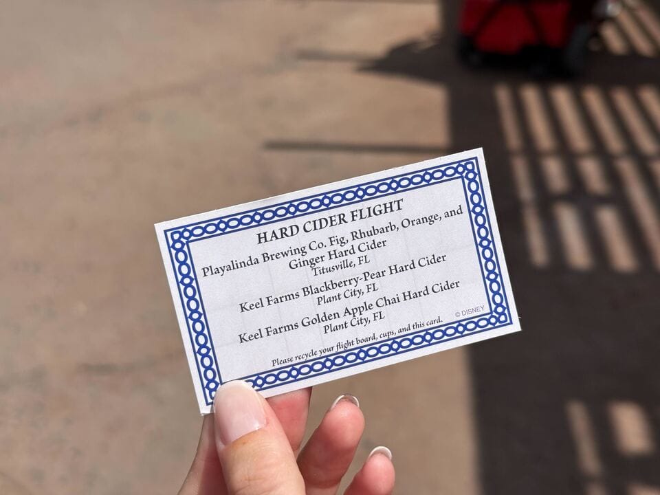 A hand holds a ticket listing New Food & Wine hard cider flights with a decorative blue border under sunlight.