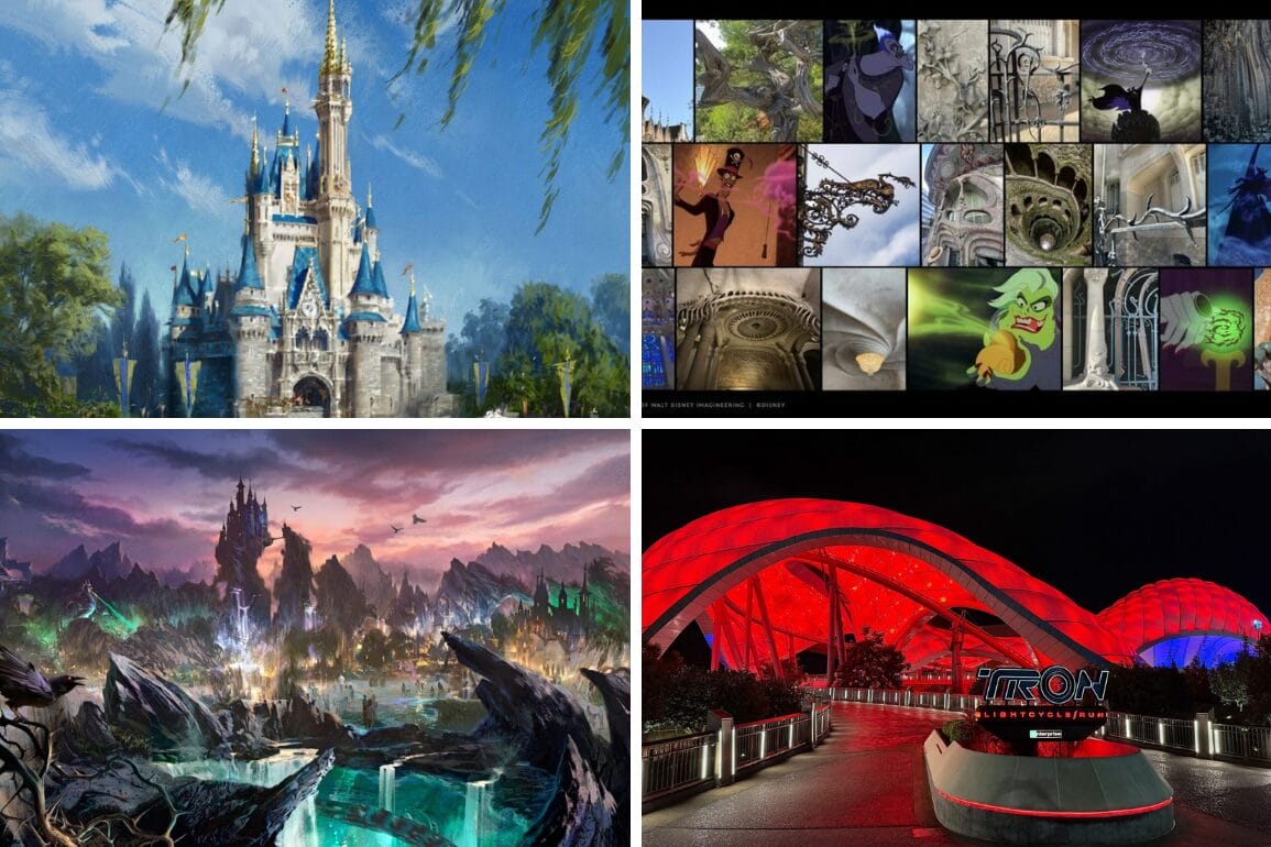 Collage of a fairytale castle, fantasy landscape, red-lit ride entrance, and daily recap template details.
