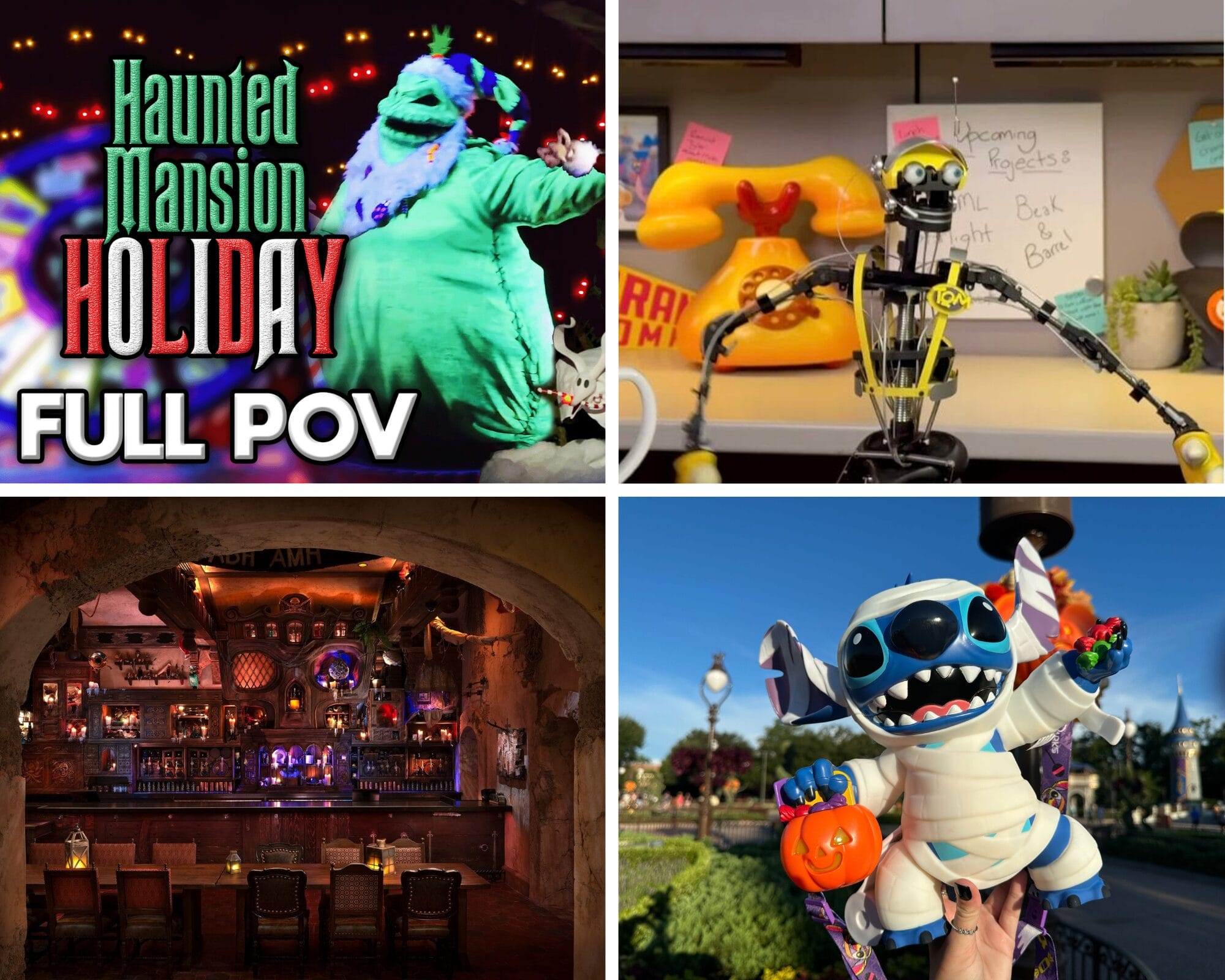 A collage featuring Disneyland Halloween, Haunted Mansion Holiday, a robot desk, Break and Barrel bar, and a Stitch plush.