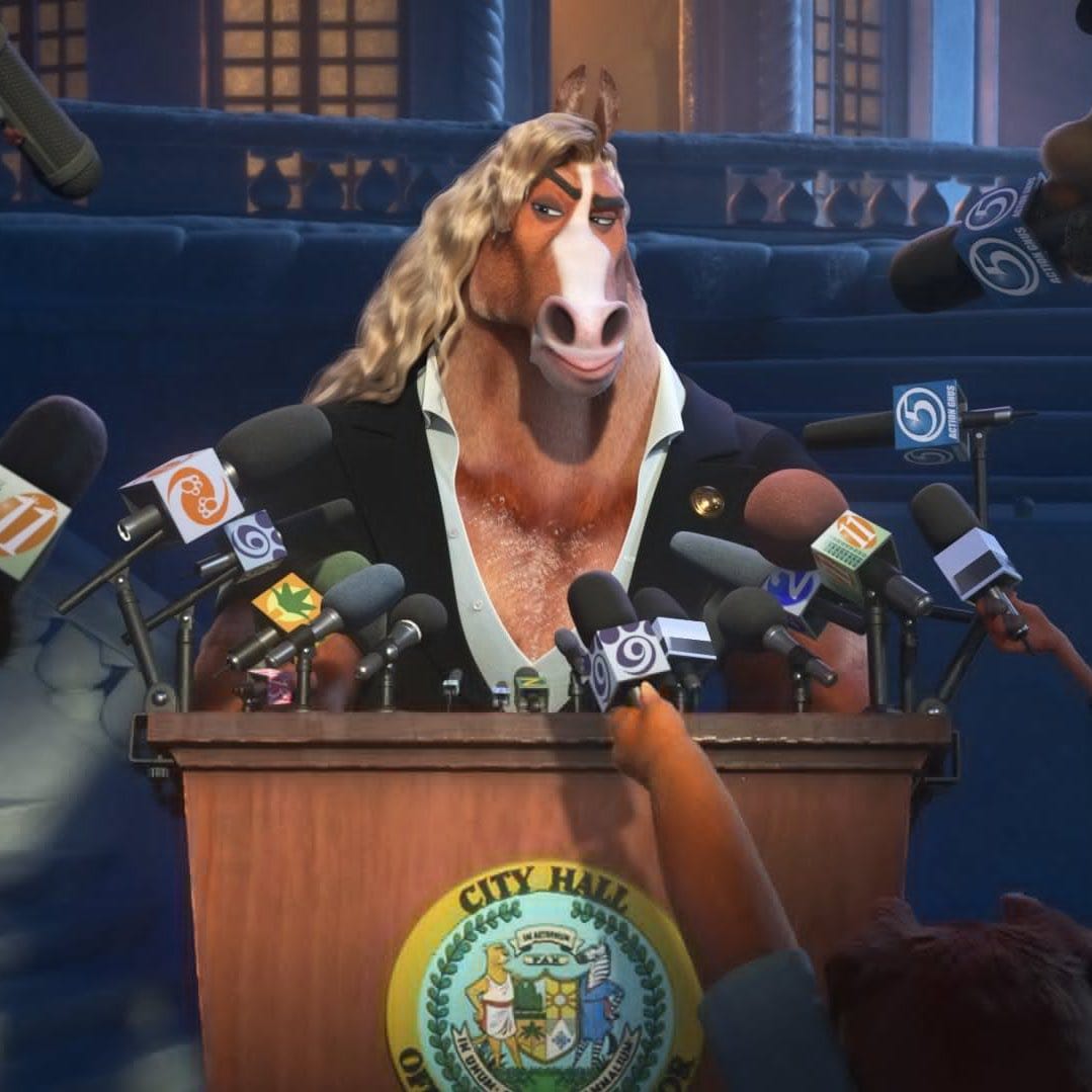 A well-dressed horse, Mayor Winddancer, addresses reporters at city hall in a scene from Zootopia 2.