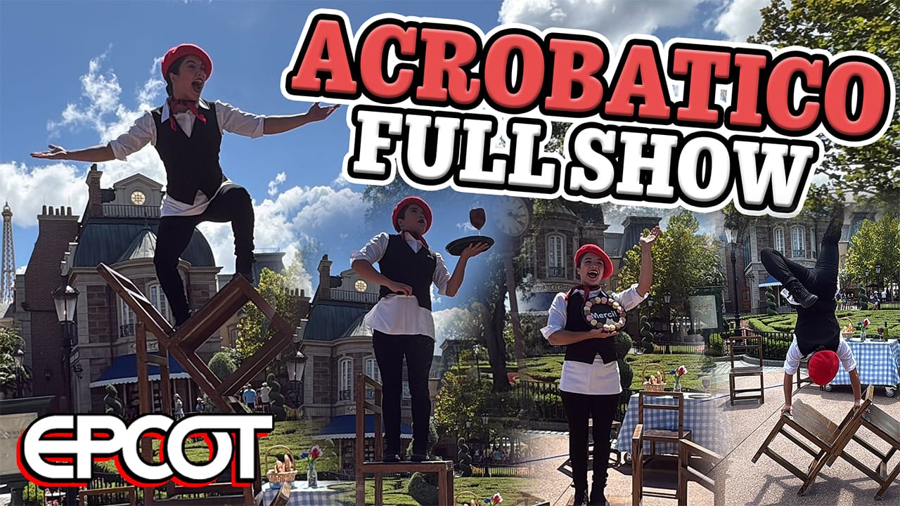 A street performer at EPCOT wows the crowd with acrobatics in this "ACROBATICS FULL SHOW" display.