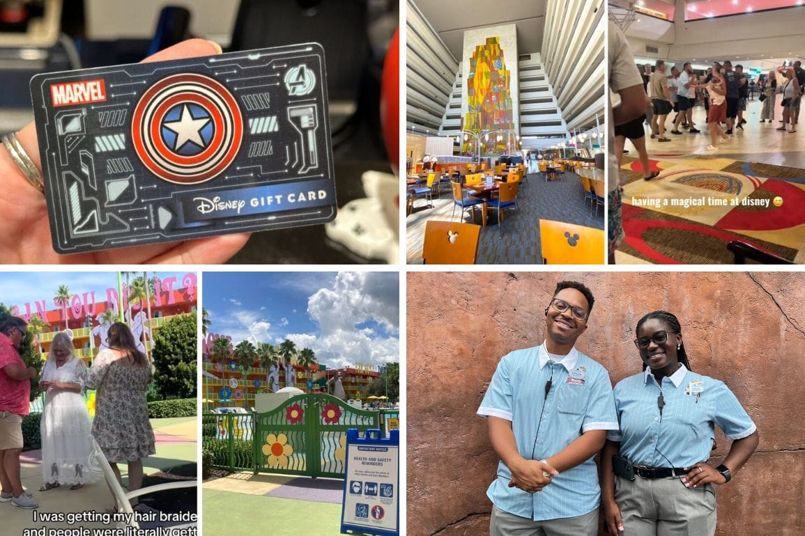 Collage of Disney’s Contemporary Resort: gift card, hotel lobby, restaurant, hair braiding, and smiling staff.