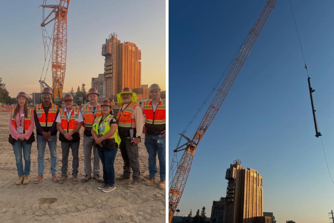 Split image: Left, crew at site. Right, crane lifts steel beam for Avengers Campus expansion at sunset.