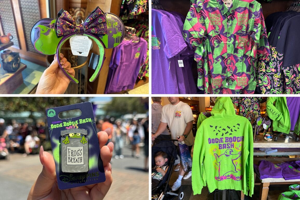 Collage of Oogie Boogie Bash merchandise for 2025, including ears, shirts, and a green hoodie—check out the new prices!