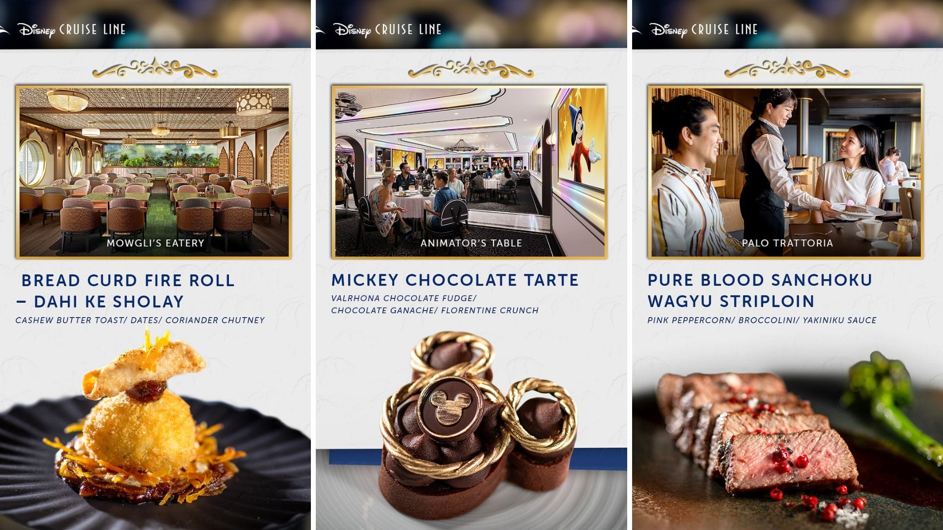 Three Disney Cruise Line menu cards display plated dishes: a bread curd roll, chocolate tarte, and sliced wagyu striploin.