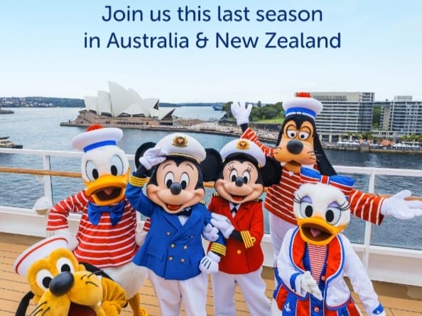 Mickey, Minnie, Donald, and friends pose on a Disney Cruise Line ship with Australia’s Sydney Opera House behind them.