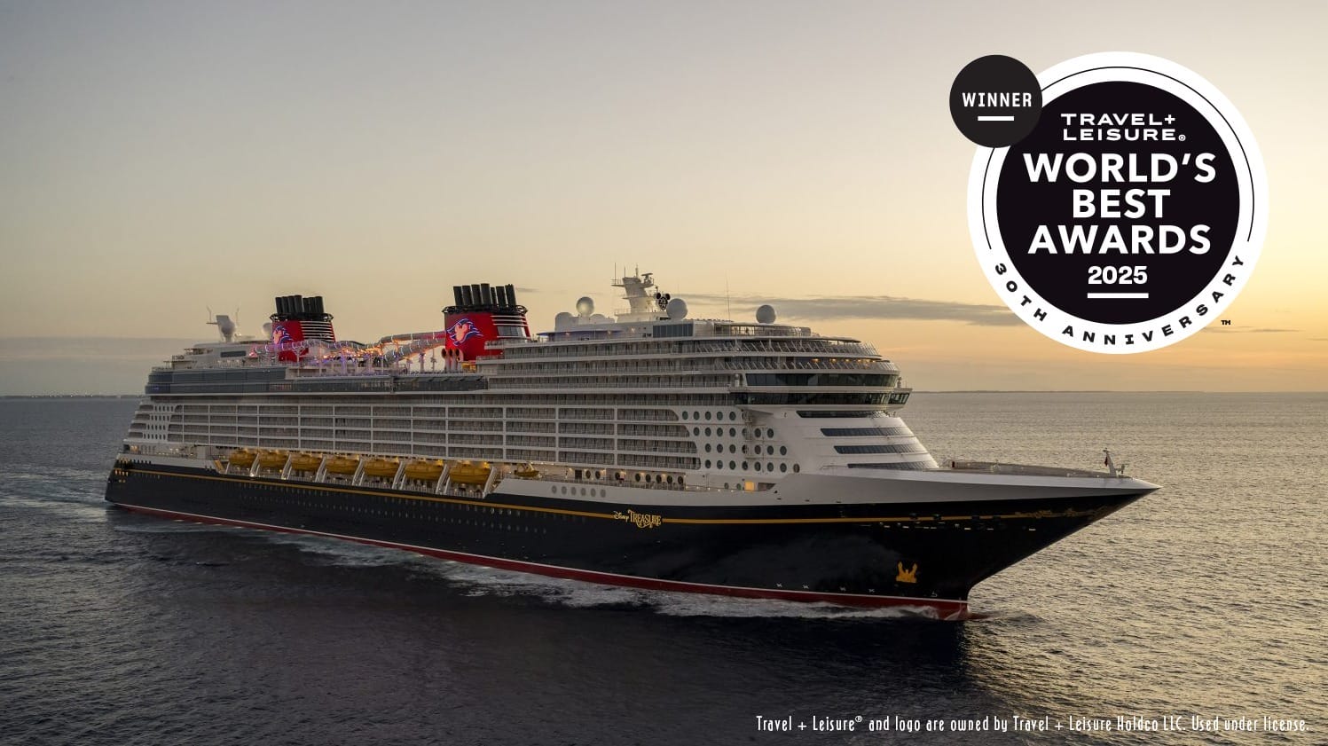 A large cruise ship sails at sunset; a "World's Best Awards 2025" badge is displayed in the upper right corner.