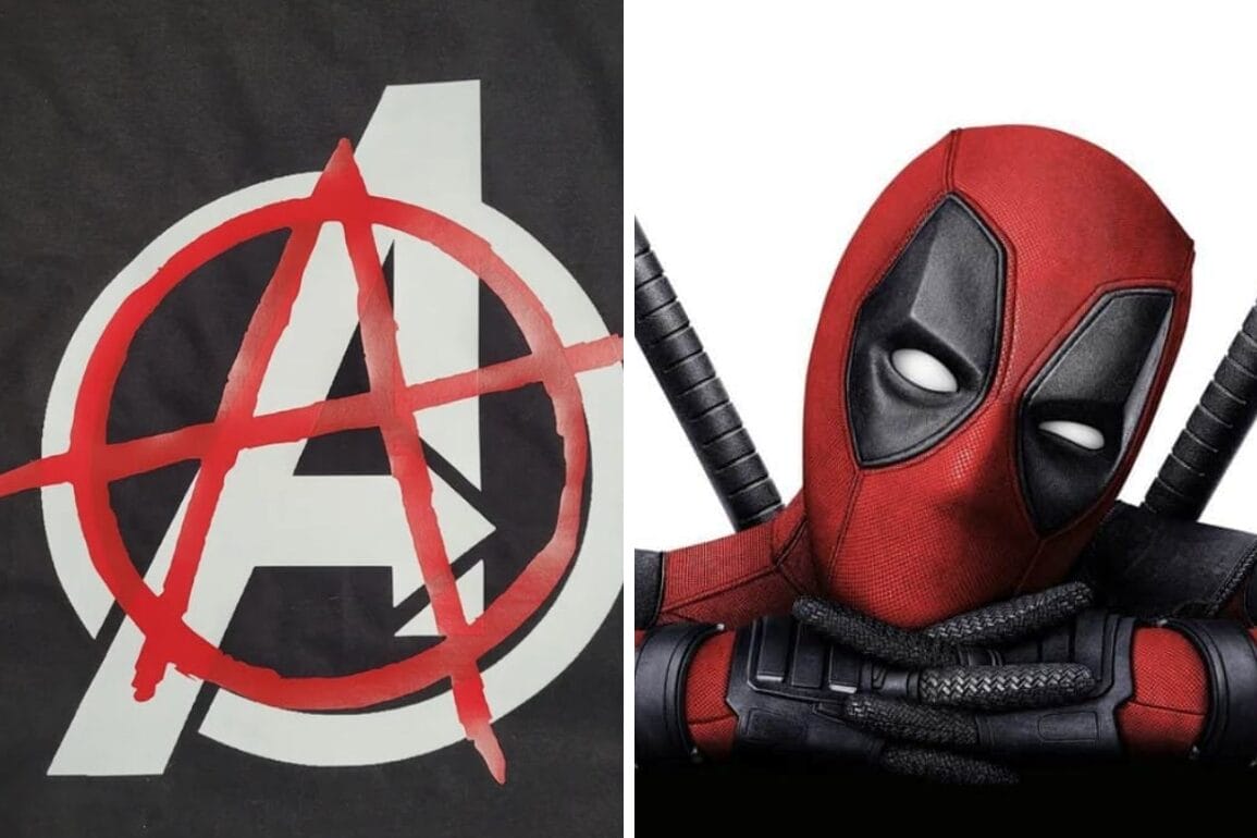 Left: Anarchy "A" over Avengers logo. Right: Deadpool, swords on back, sparking online speculation for Avengers: Doomsday.