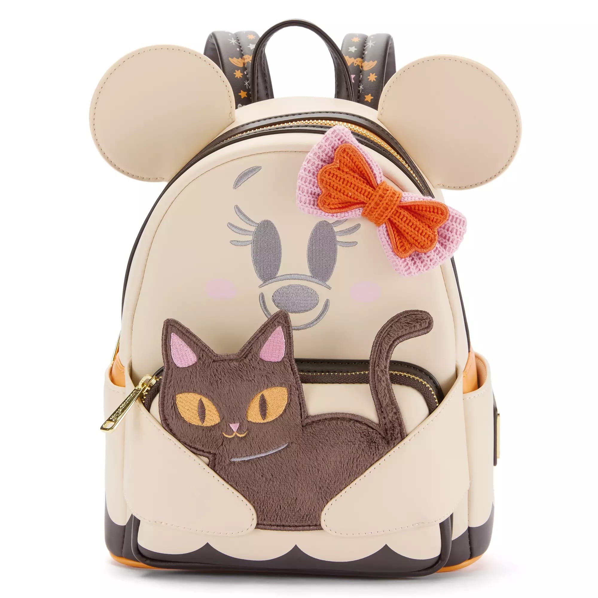 Cream-colored backpack with mouse ears, a pink bow, and a cat design peeking from a front pocket.