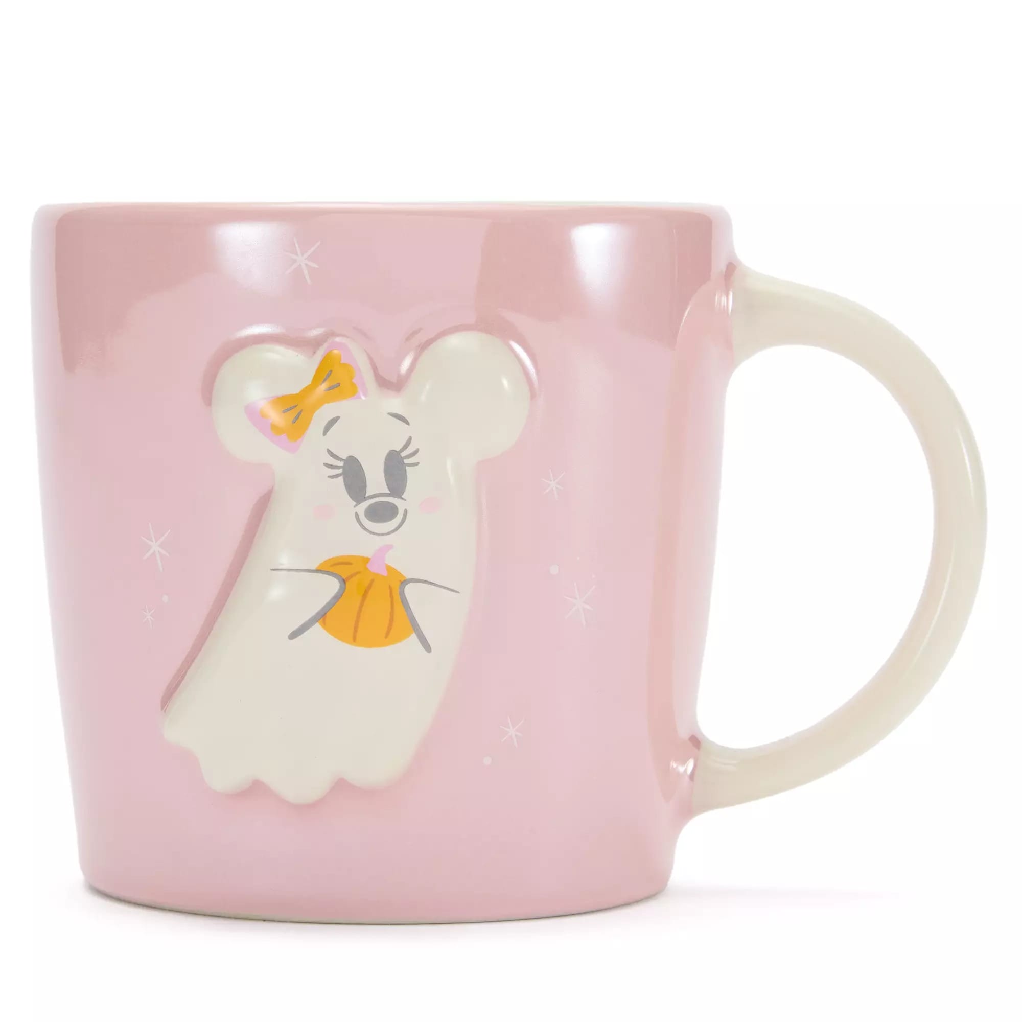 Pink mug with a white raised cartoon ghost wearing an orange bow and holding an orange pumpkin, with star accents.