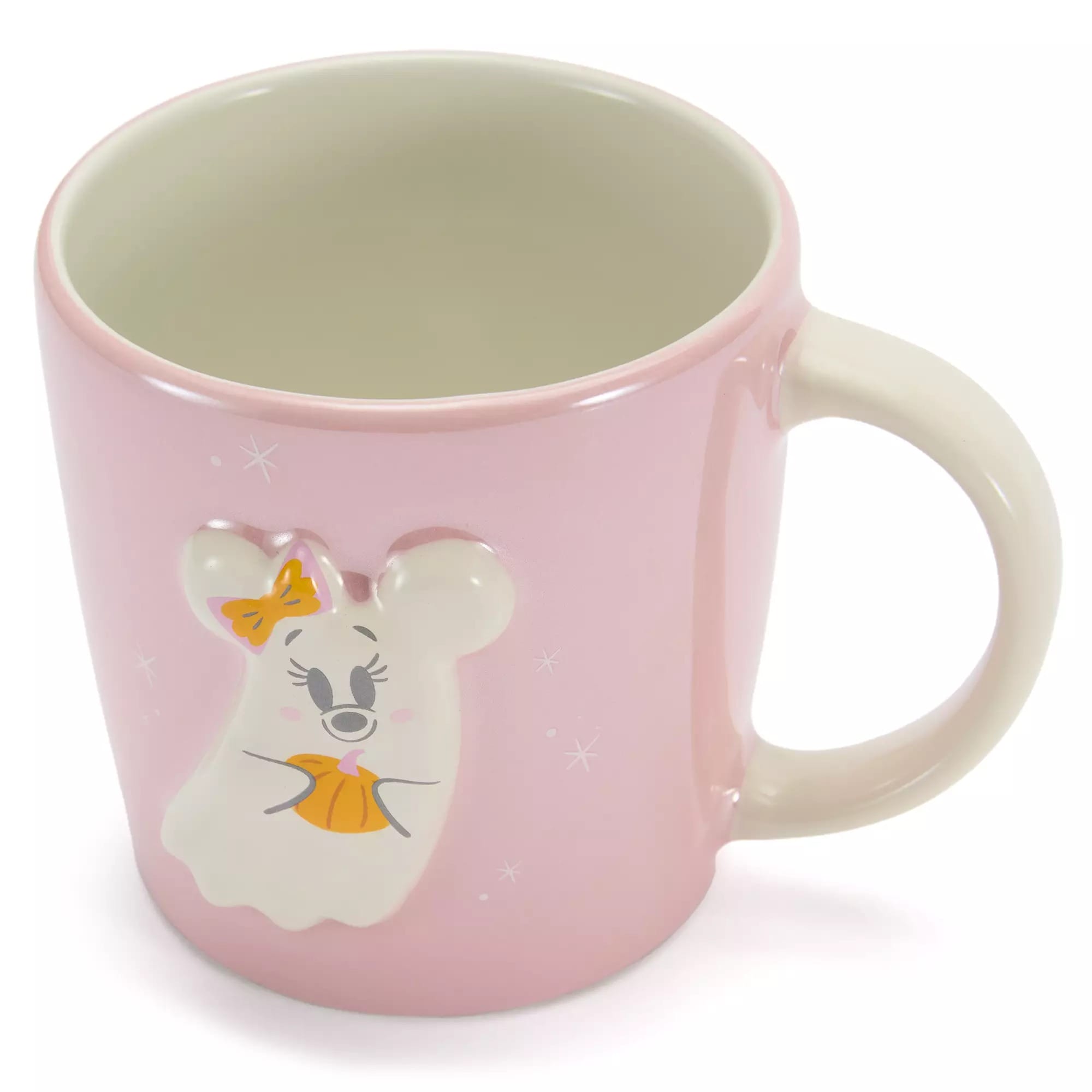 Pink mug with a 3D white mouse wearing a yellow bow and dress, smiling, on the side.