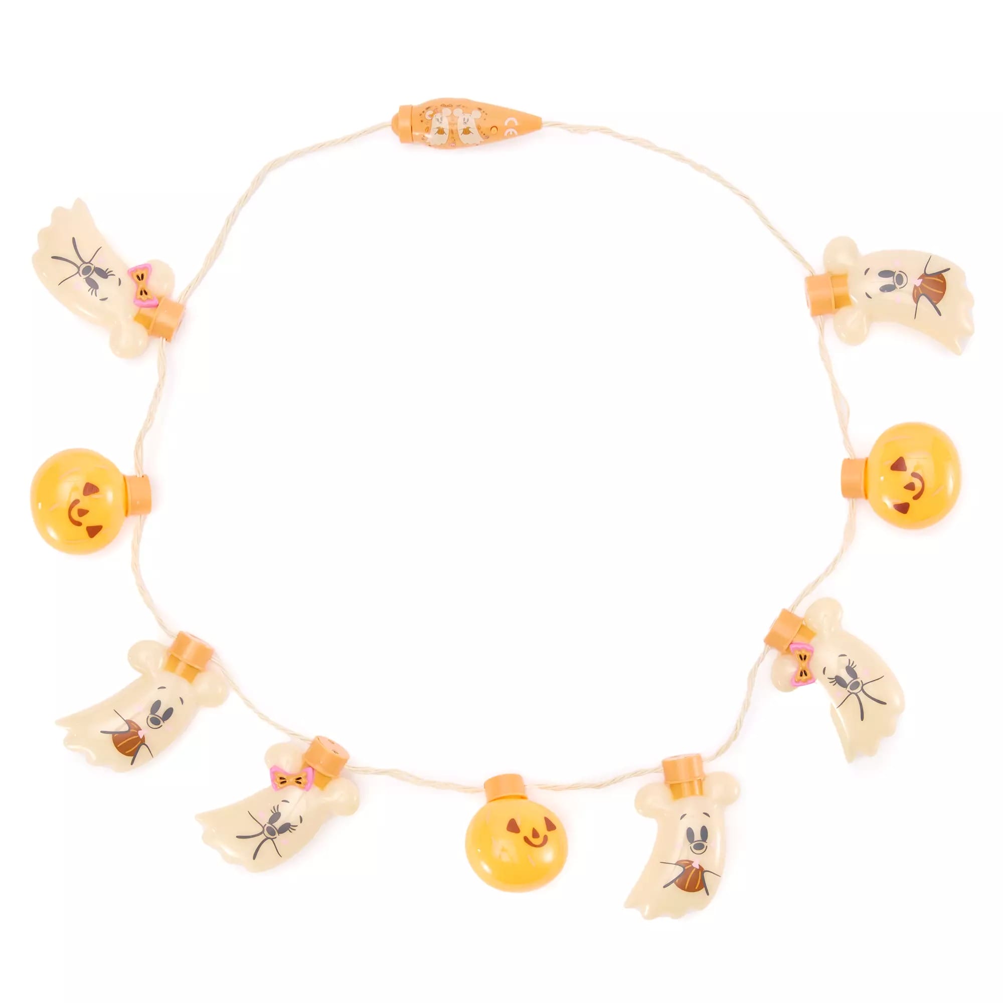 String of Halloween lights shaped like ghosts and jack-o'-lanterns on a white background.