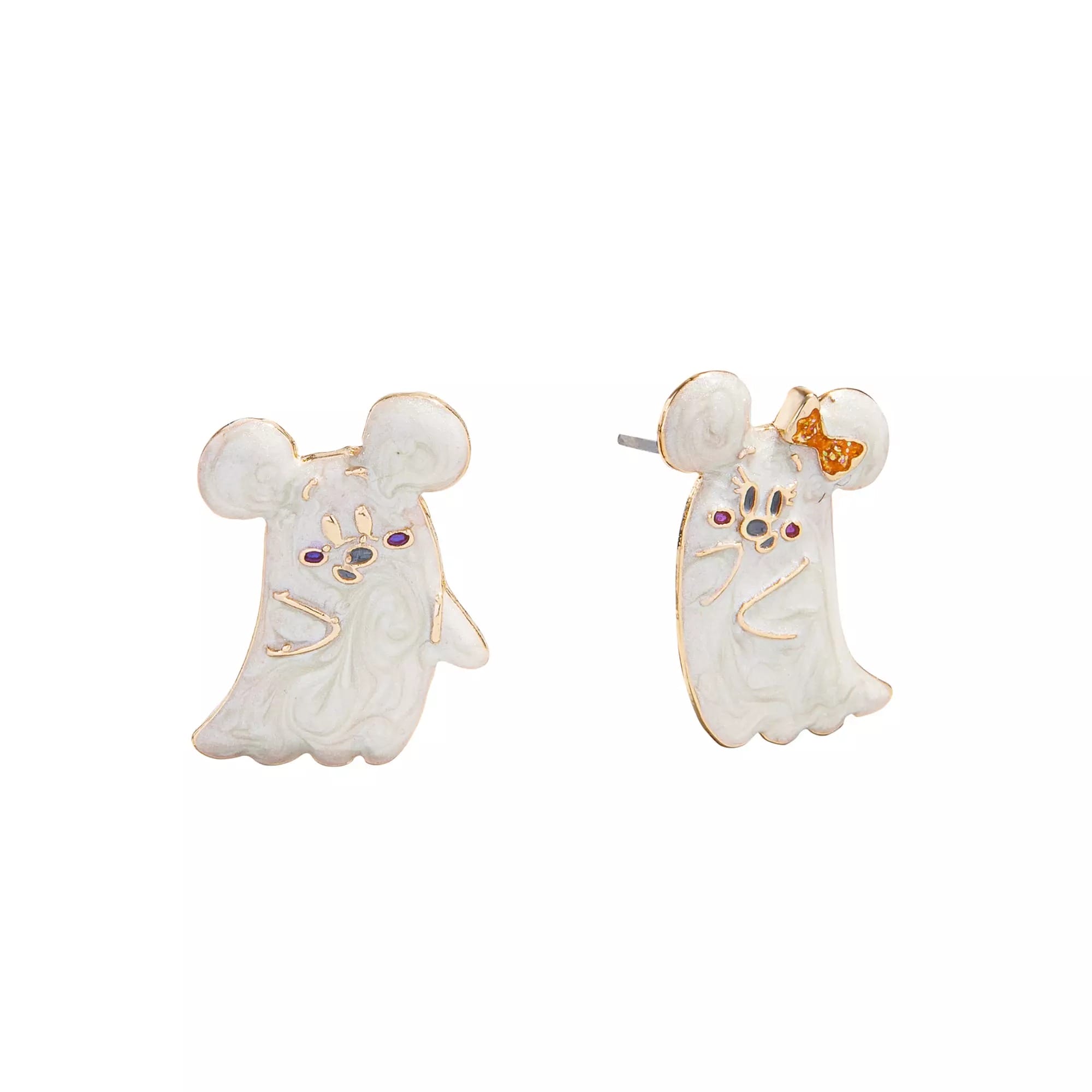 Two enamel earrings shaped like ghostly mice with purple eyes and gold accents, one holding a small orange pumpkin.