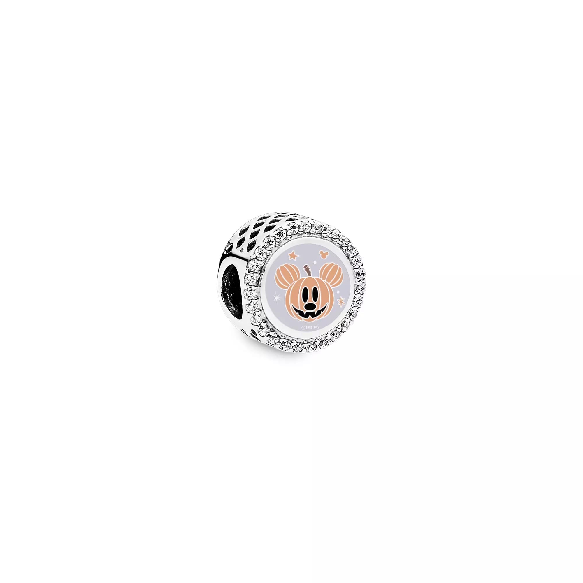 A round charm with a rose gold Mickey Mouse face, framed by clear crystals on a silver background.