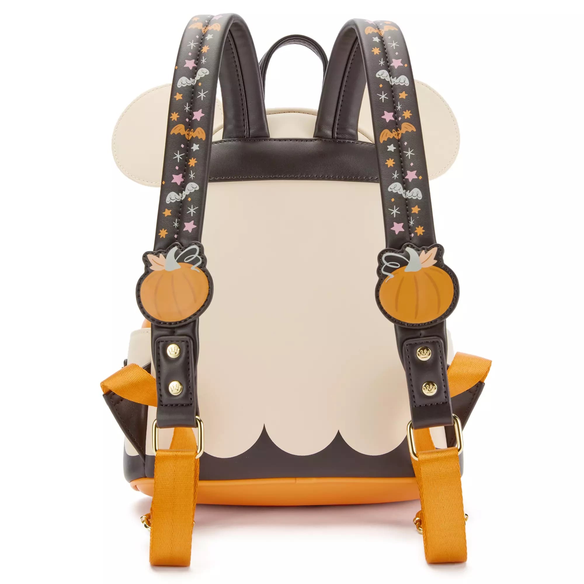 Back of a cream and brown backpack with pumpkin and Halloween designs on the straps and orange bottom straps.