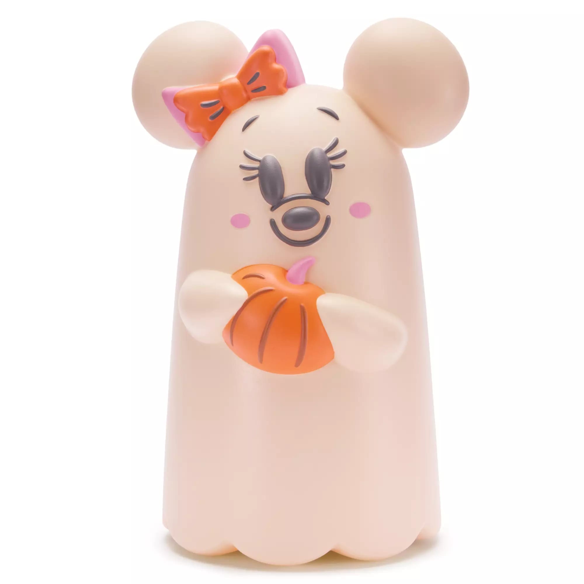 A cute ghost character with mouse ears, a bow, and holding an orange pumpkin, styled in pastel colors.