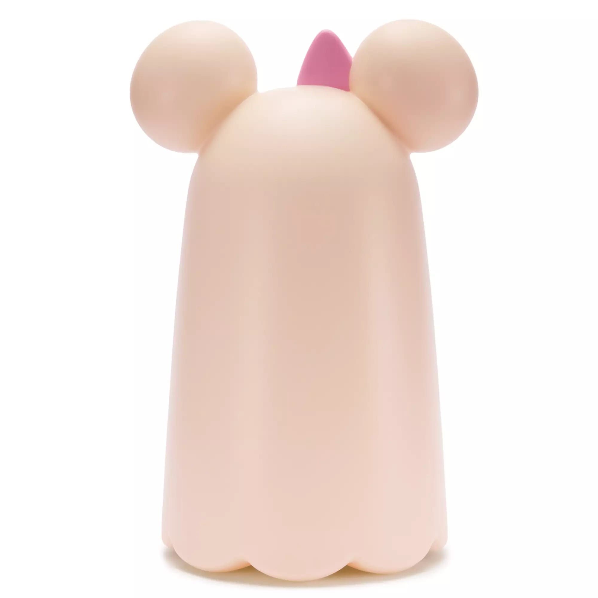 A pastel pink, ghost-shaped figure with two round ears and a small pink horn on top, set against a white background.
