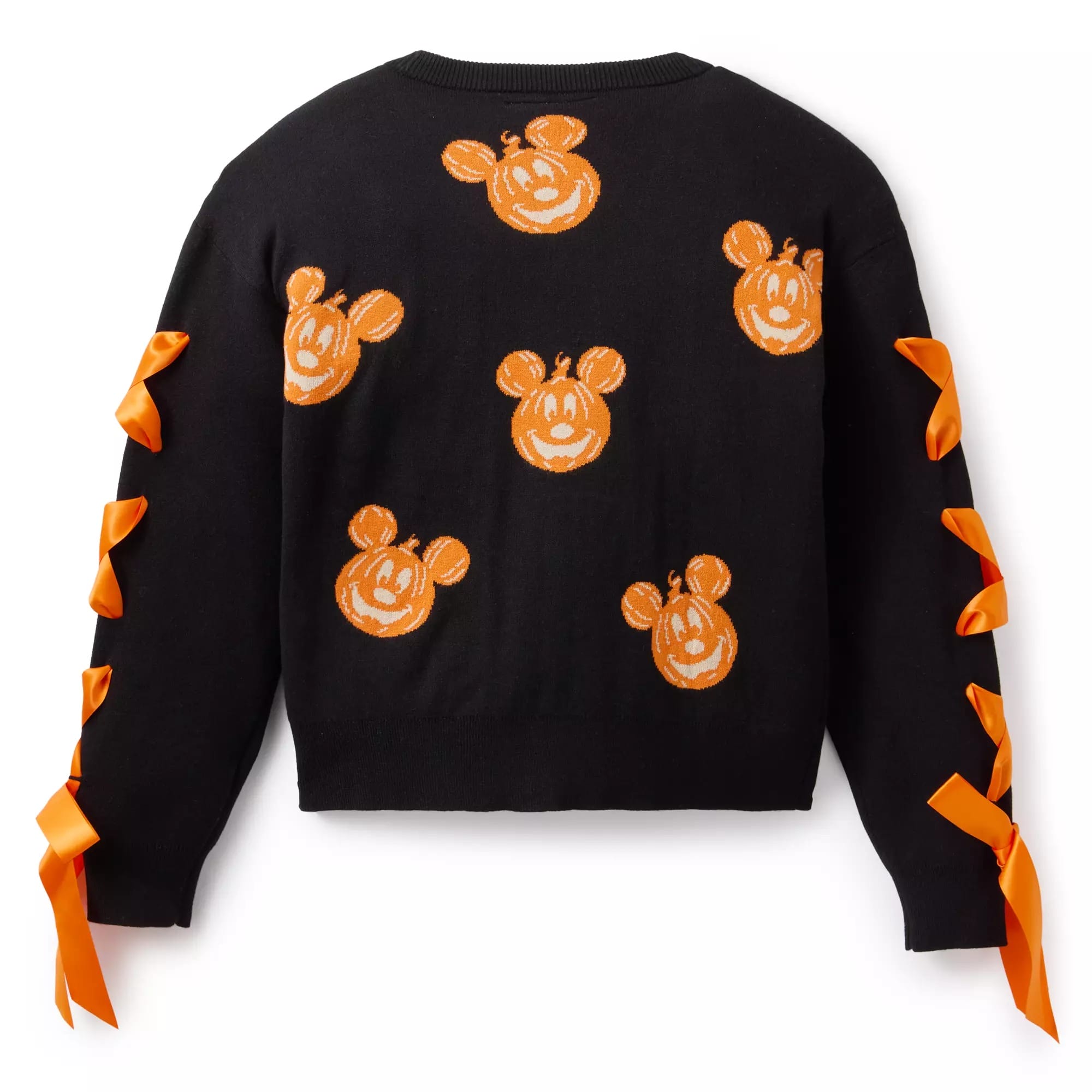Black sweater with orange pumpkin faces and bows—perfect Halloween apparel from the Disney Store.