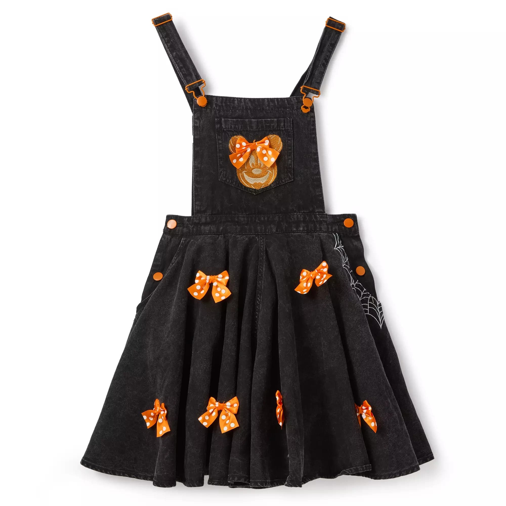Black denim jumper dress with orange bows, bear face, and spiderweb—perfect Halloween apparel from Disney Store.