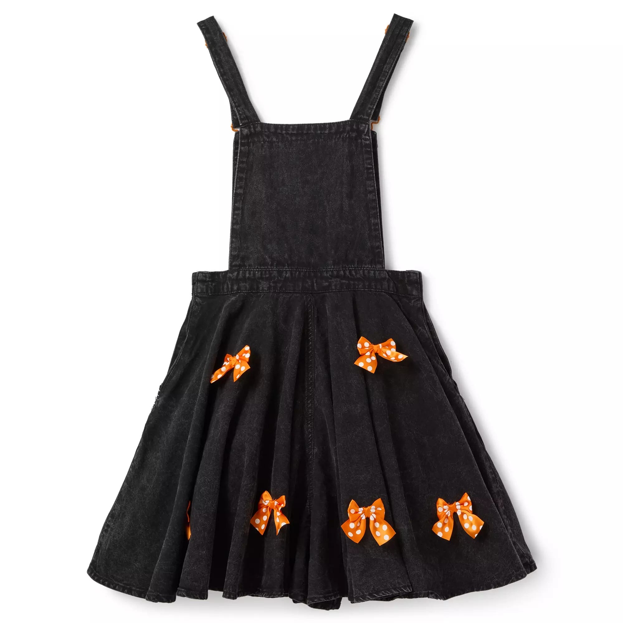 Black denim pinafore dress with orange polka-dot bows, perfect for Halloween apparel or pairing with a Mickey Jack-o'-Lantern Ear Headband.
