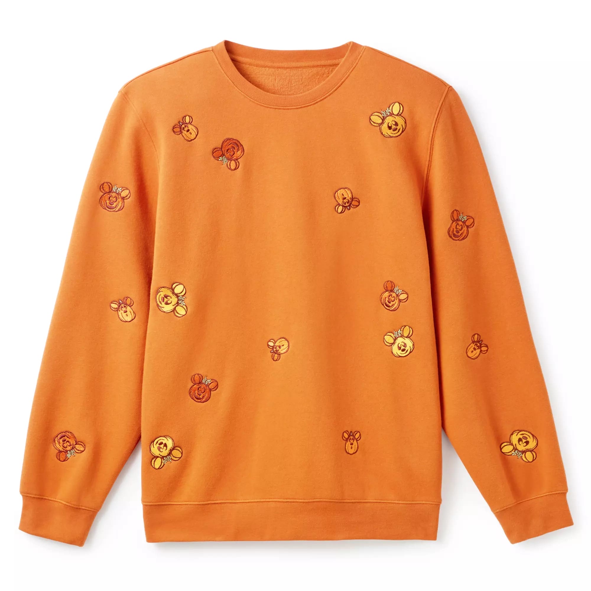 Orange sweatshirt featuring multiple small embroidered bear faces—perfect for Halloween apparel from the Disney Store.