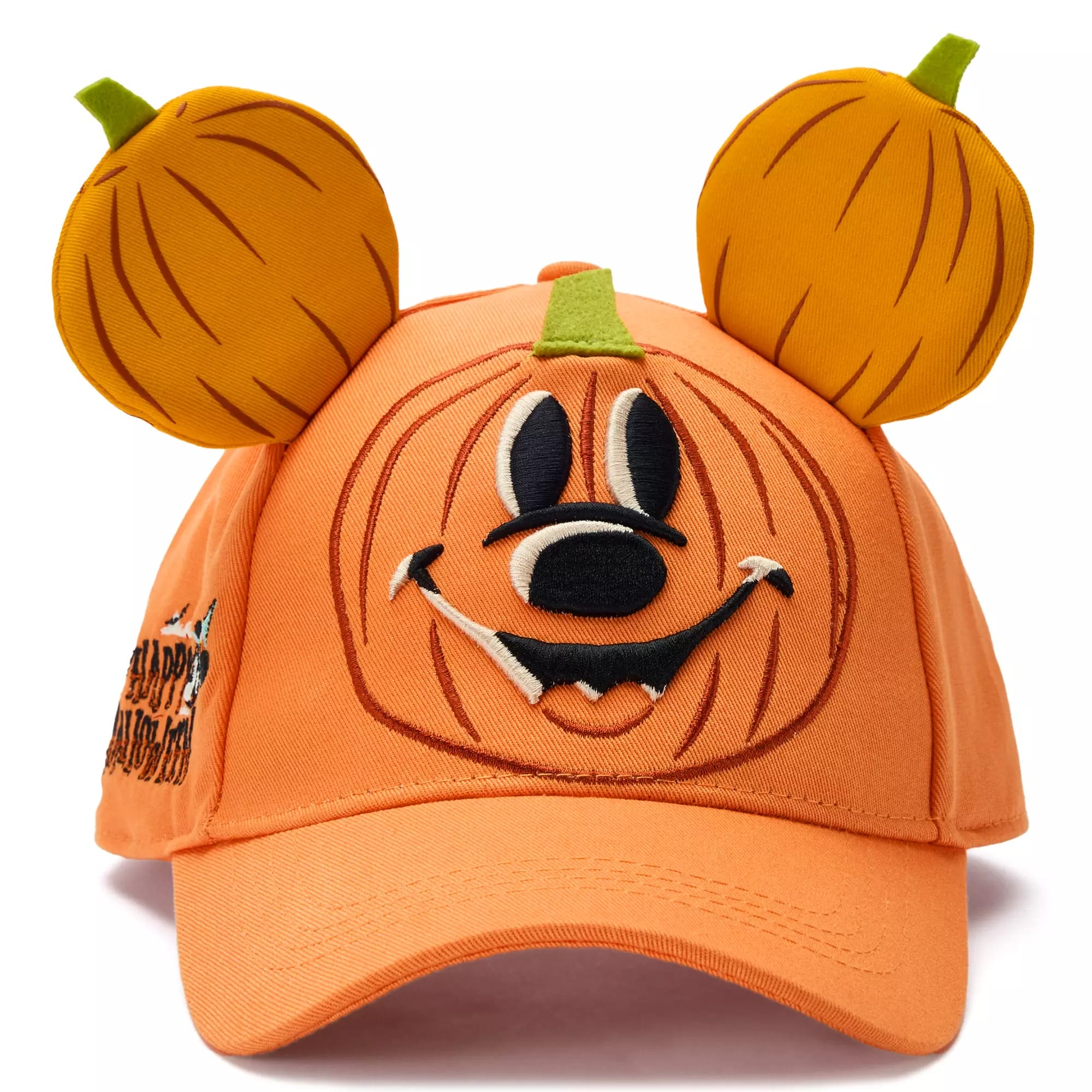 Orange cap with pumpkin face, green stem, pumpkin ears; "Happy Halloween" text—fun Disney Store Halloween apparel.