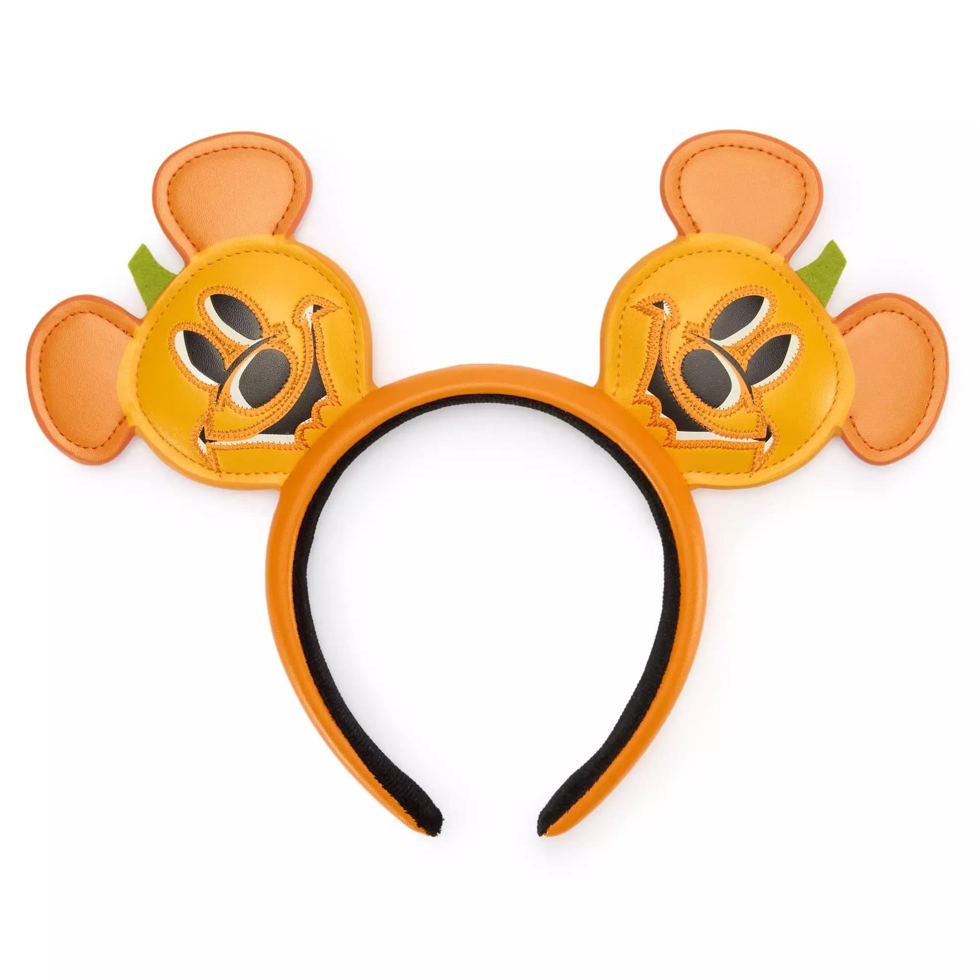 Orange Mickey Jack-o'-Lantern Ear Headband with green leaf details, perfect Disney Store Merchandise for Halloween Apparel.