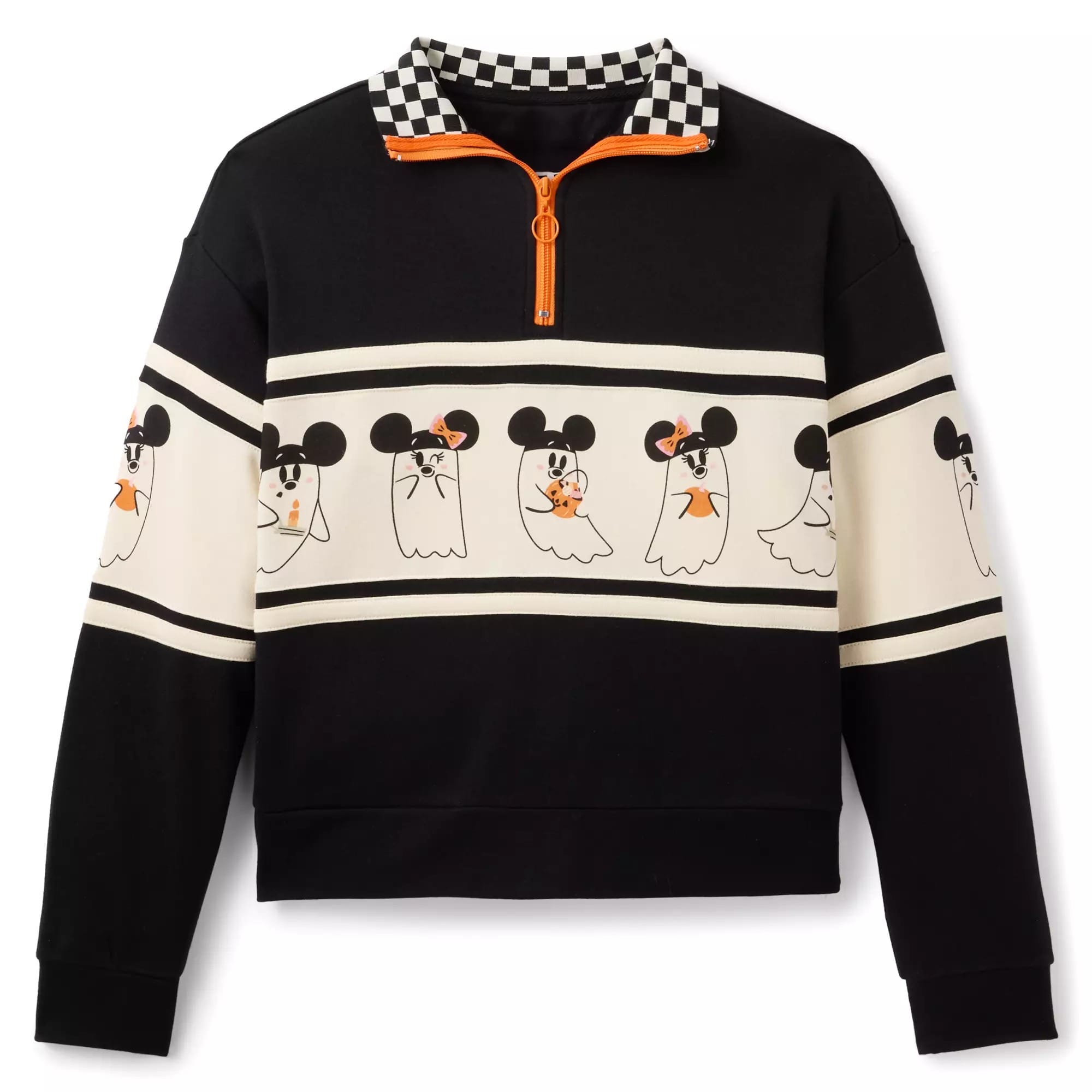 Black and cream pullover with cartoon ghost and Mickey Mouse face design, checkered collar, and orange zipper.
