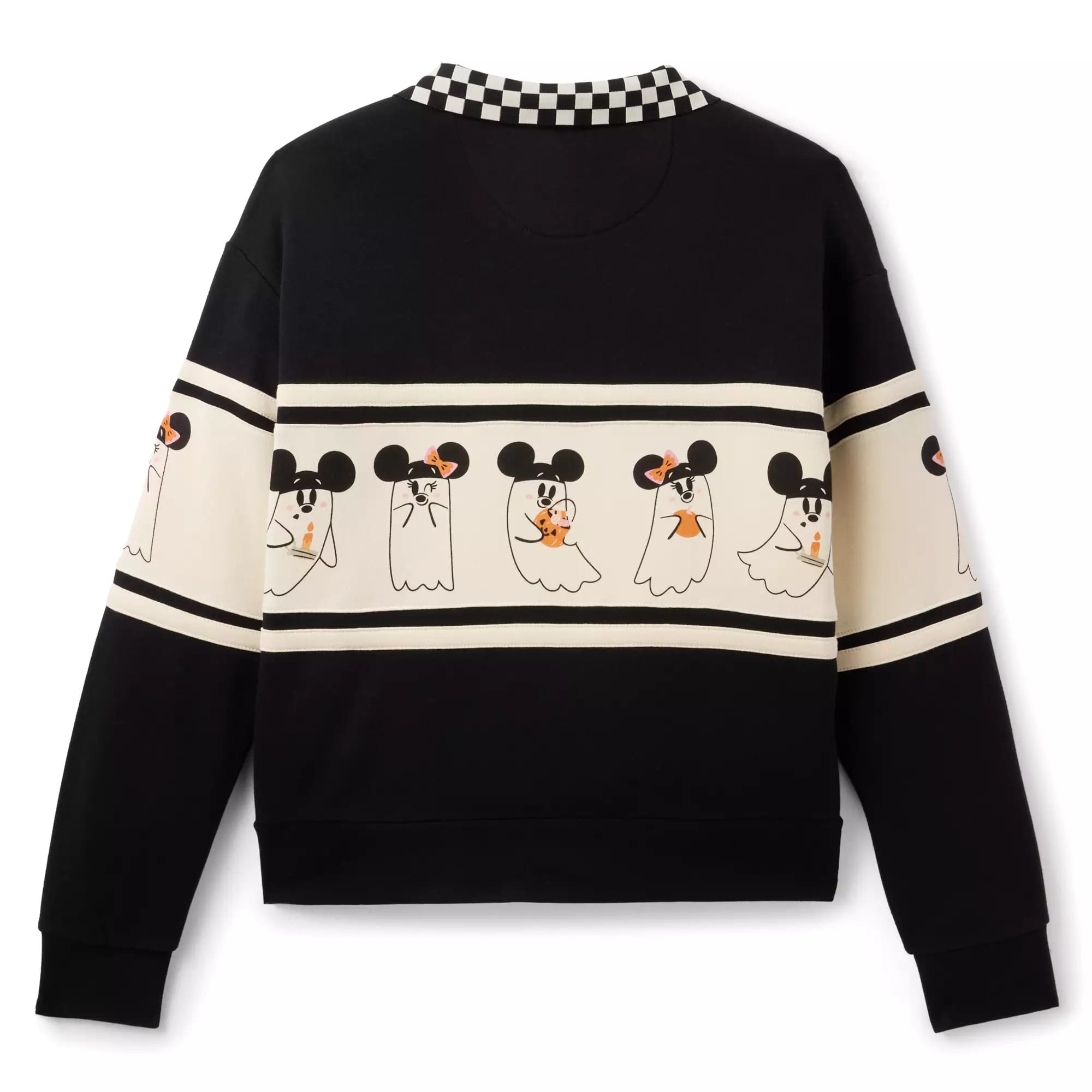 Black sweatshirt with cartoon ghosts wearing Mickey Mouse ears and candy, with a checkered collar detail.