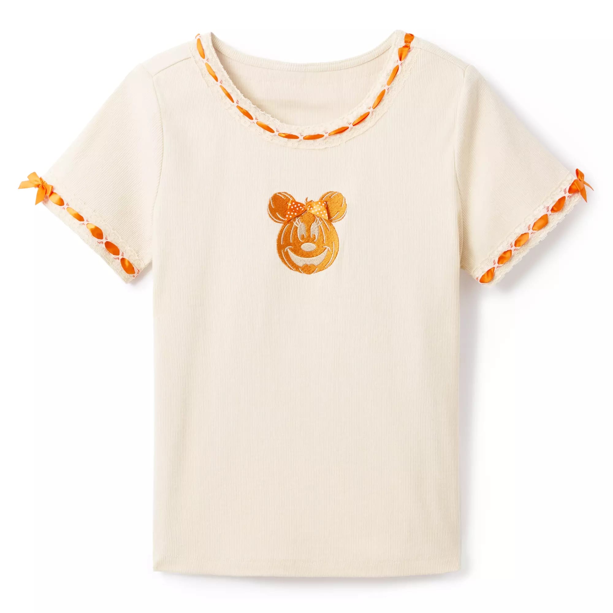 Cream-colored kids' T-shirt with orange trim, bows, and a mouse-shaped pumpkin—perfect Disney Store Halloween merchandise.