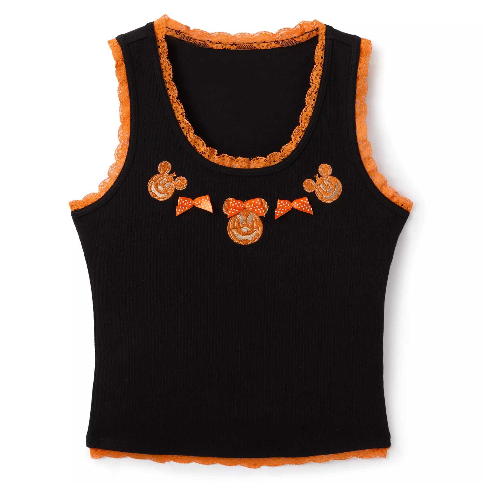 Sleeveless black top from Disney Store features orange lace trim and three Mickey Jack-o'-Lantern faces with bows.