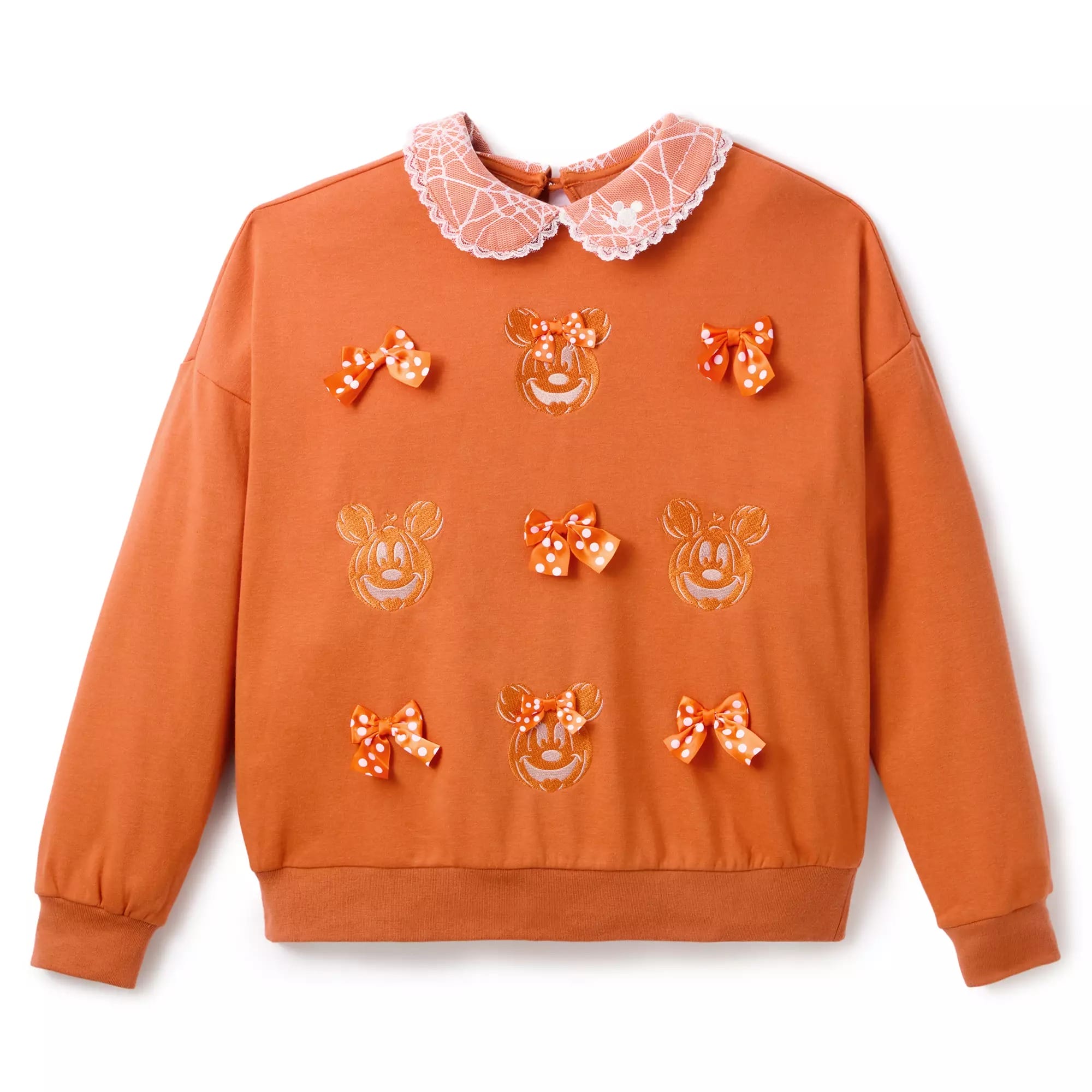 Orange sweatshirt from Disney Store with lace collar, Minnie Mouse faces, and festive bows—perfect Halloween apparel.