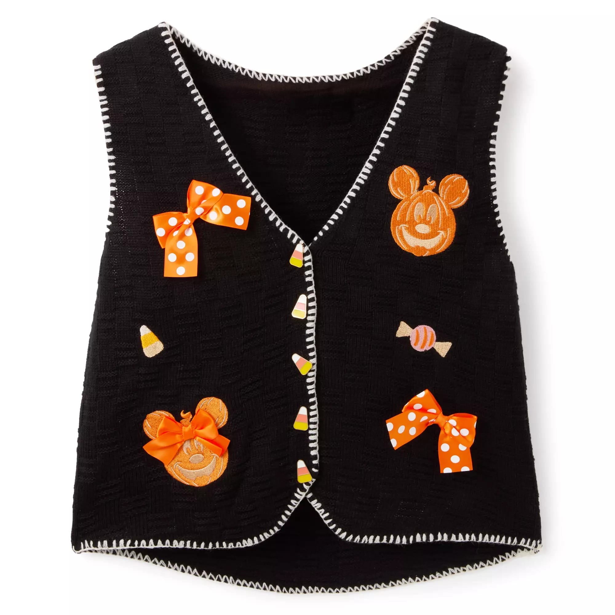 Black vest from Disney Store with orange bows, candy corn, and pumpkin Mickey Mouse—perfect Halloween apparel.