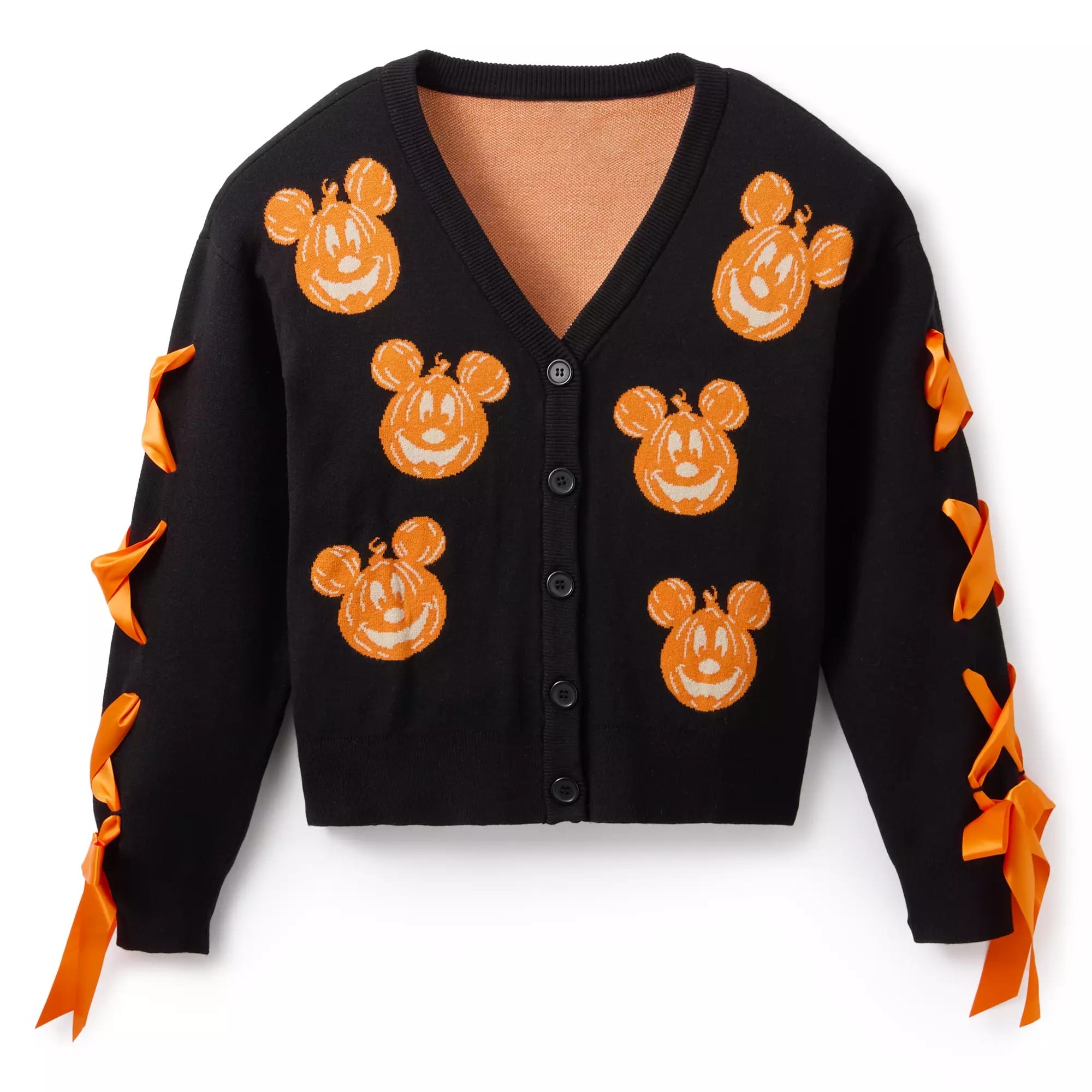 Black cardigan with orange pumpkin faces and bows—perfect Halloween apparel from the Disney Store.