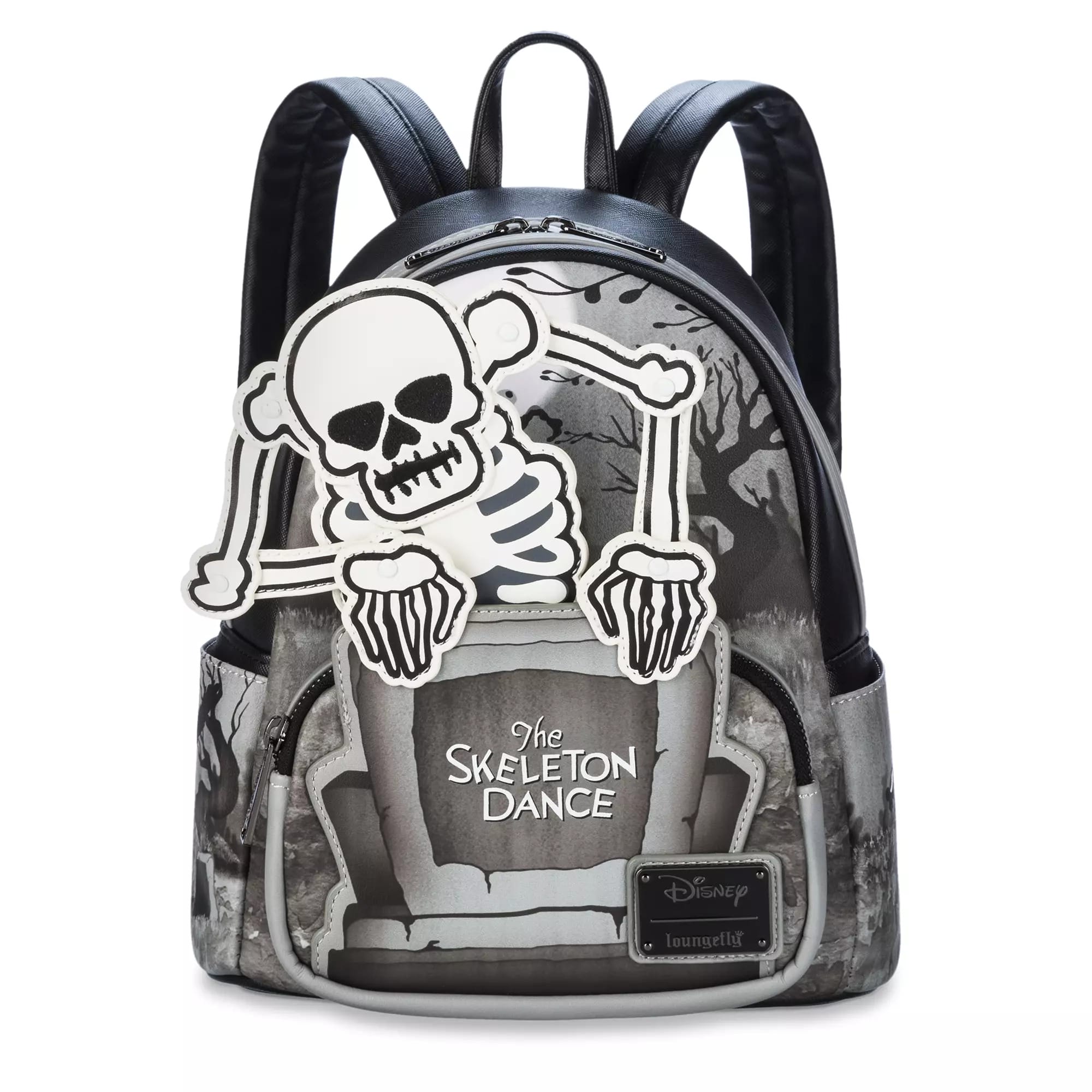 A black and gray Loungefly Backpack featuring The Skeleton Dance rising from a tombstone with glow-in-the-dark details.