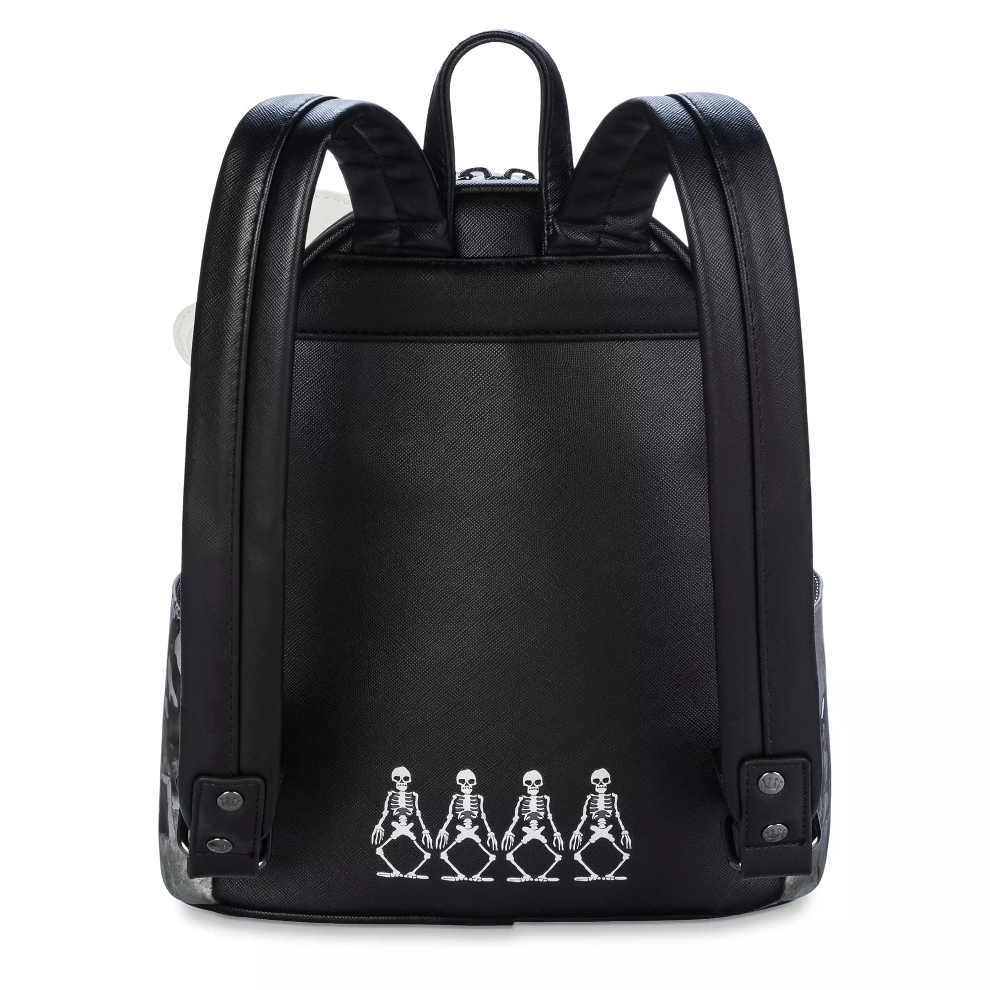 Black glow-in-the-dark backpack with three small white skeleton dance graphics along the back panel.