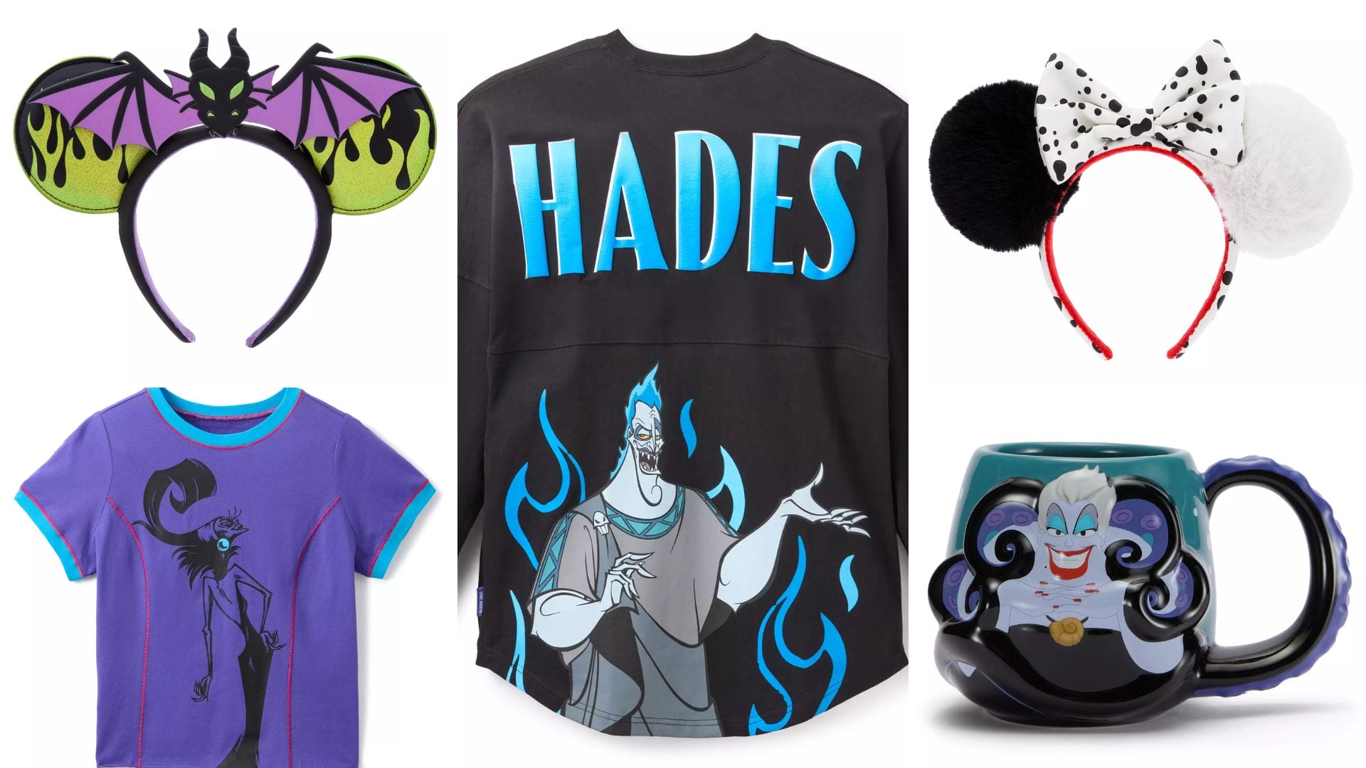 A group of t-shirts and a mug featuring iconic Disney Villains merchandise.