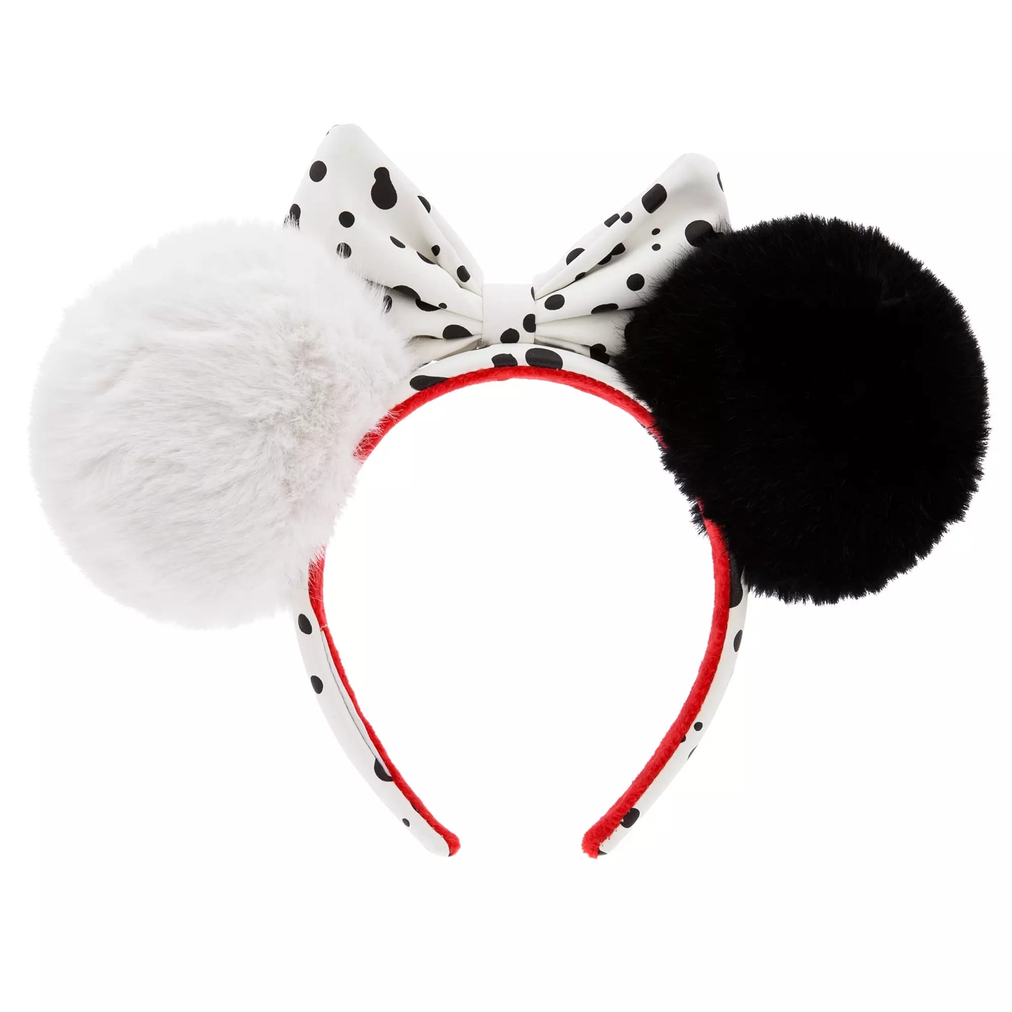 Headband with one white and one black fuzzy ear, bow with black spots, and red inner lining.