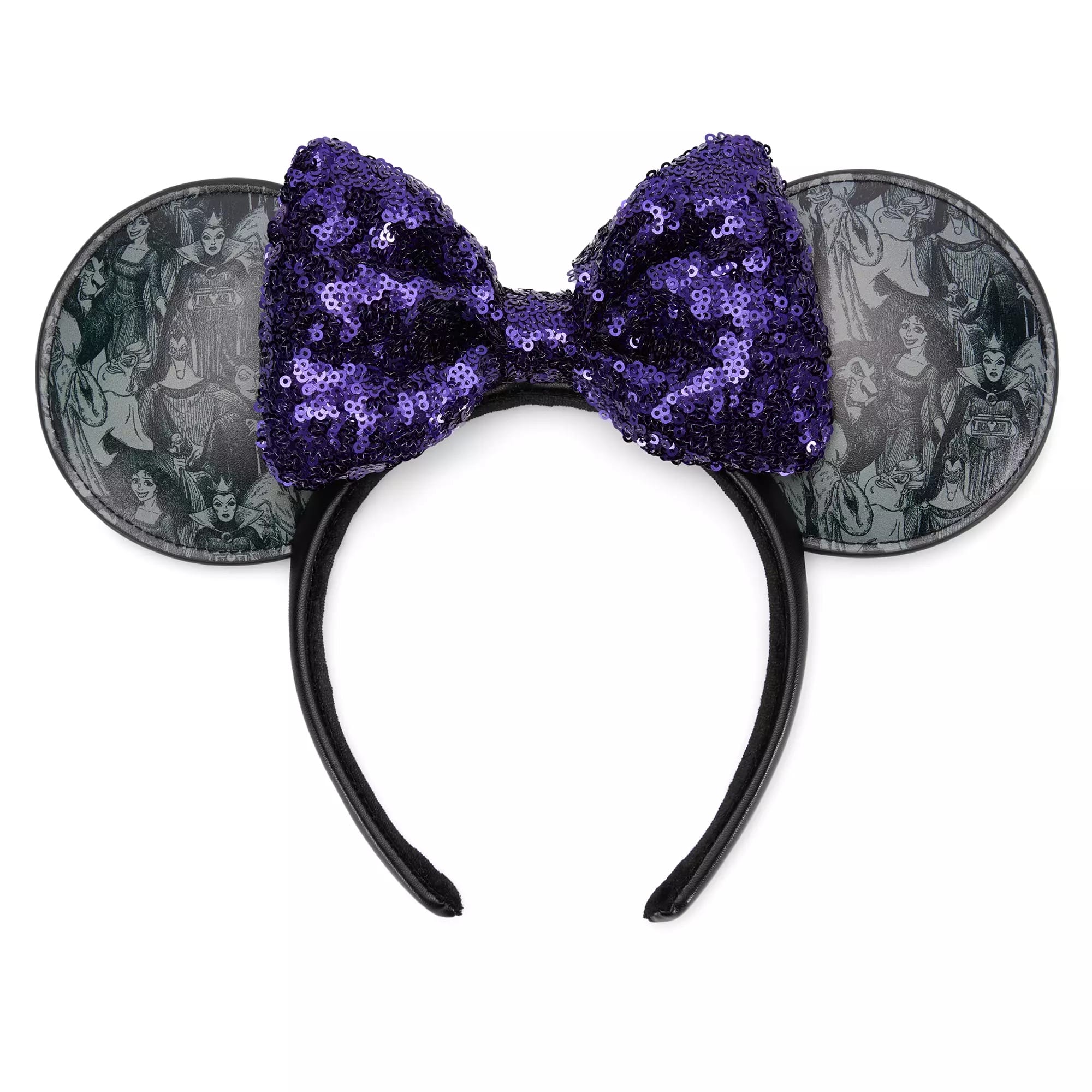 Black headband with sequin purple bow and round ears featuring Disney Villains in grayscale illustrations.