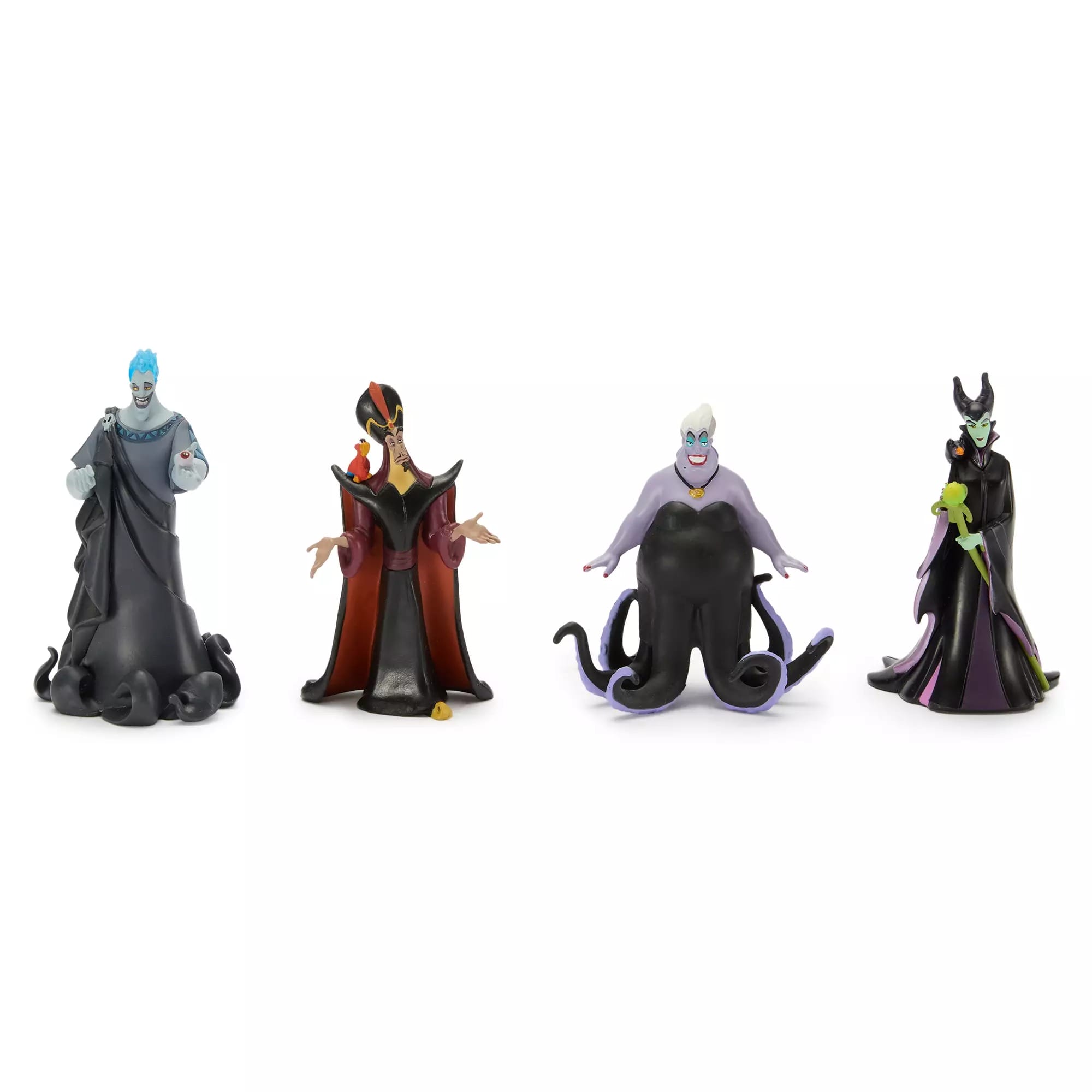 Four Disney Villains figurines—Hades, Jafar, Ursula, and Maleficent—stand side by side; perfect for Disney Merchandise fans.