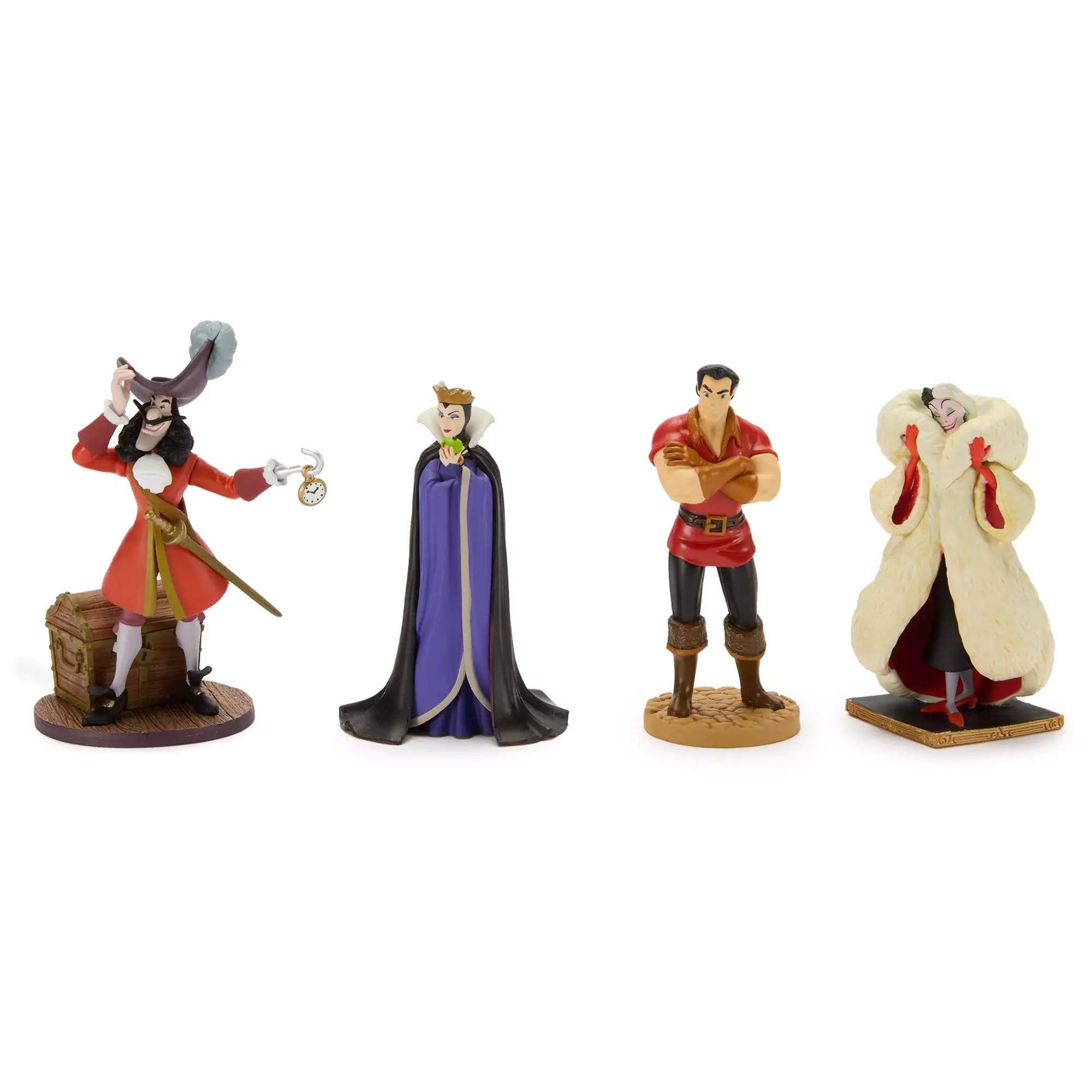 Four Disney Villains figurines—Captain Hook, Evil Queen, Gaston, and Cruella de Vil—stand side by side.