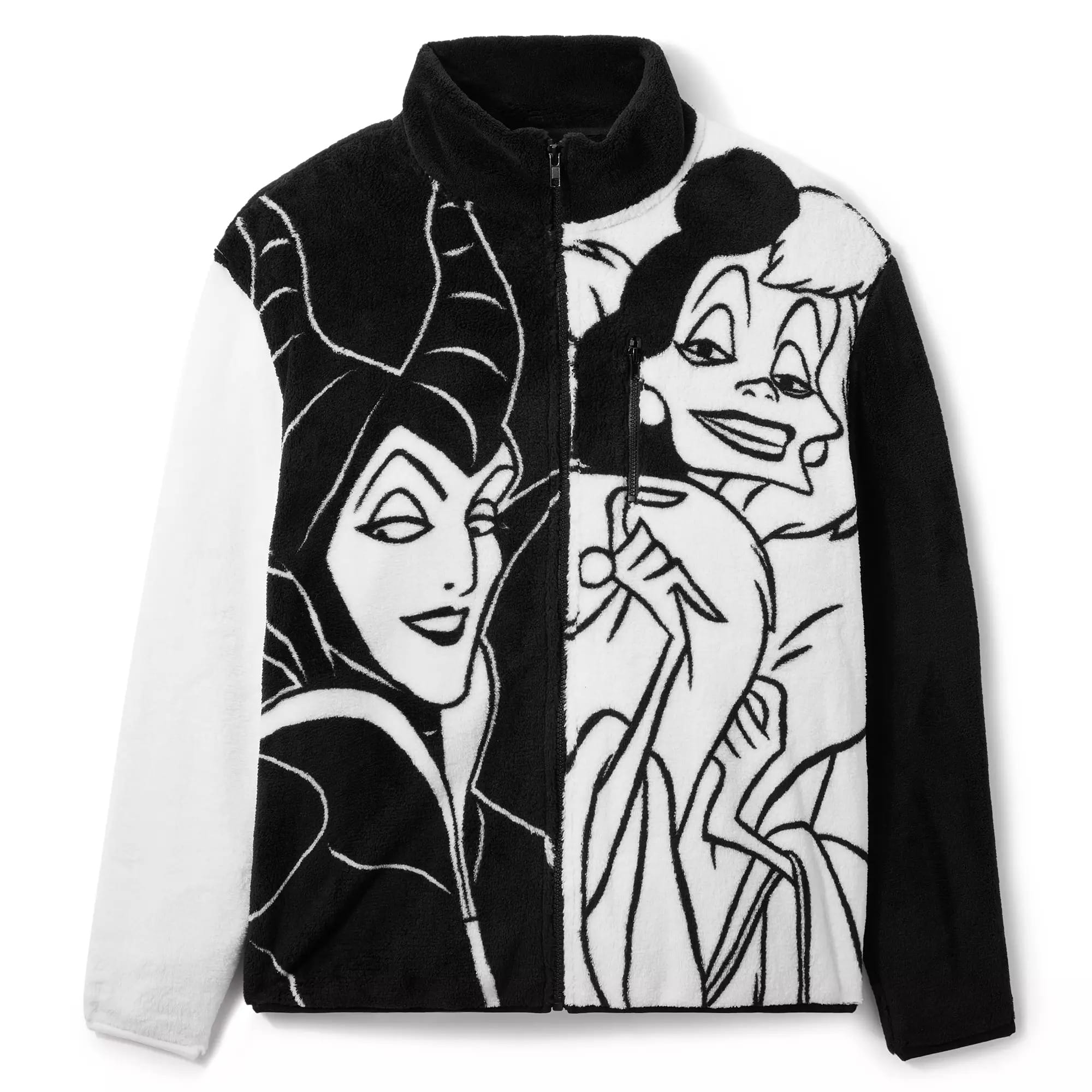 Black and white fleece jacket with Maleficent and Cruella—perfect Disney Villains merchandise for fans.