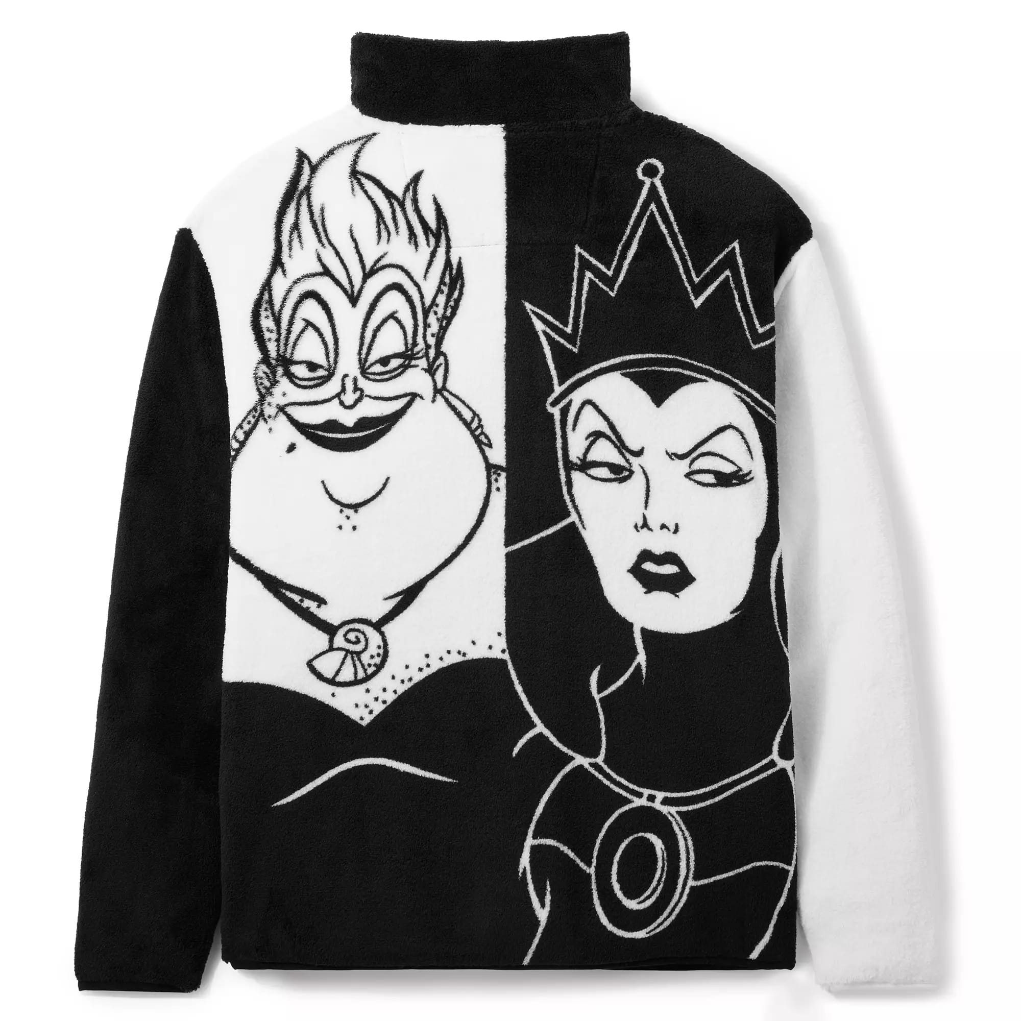 Black and white fleece jacket featuring Disney Villains Ursula and the Evil Queen, split down the middle.
