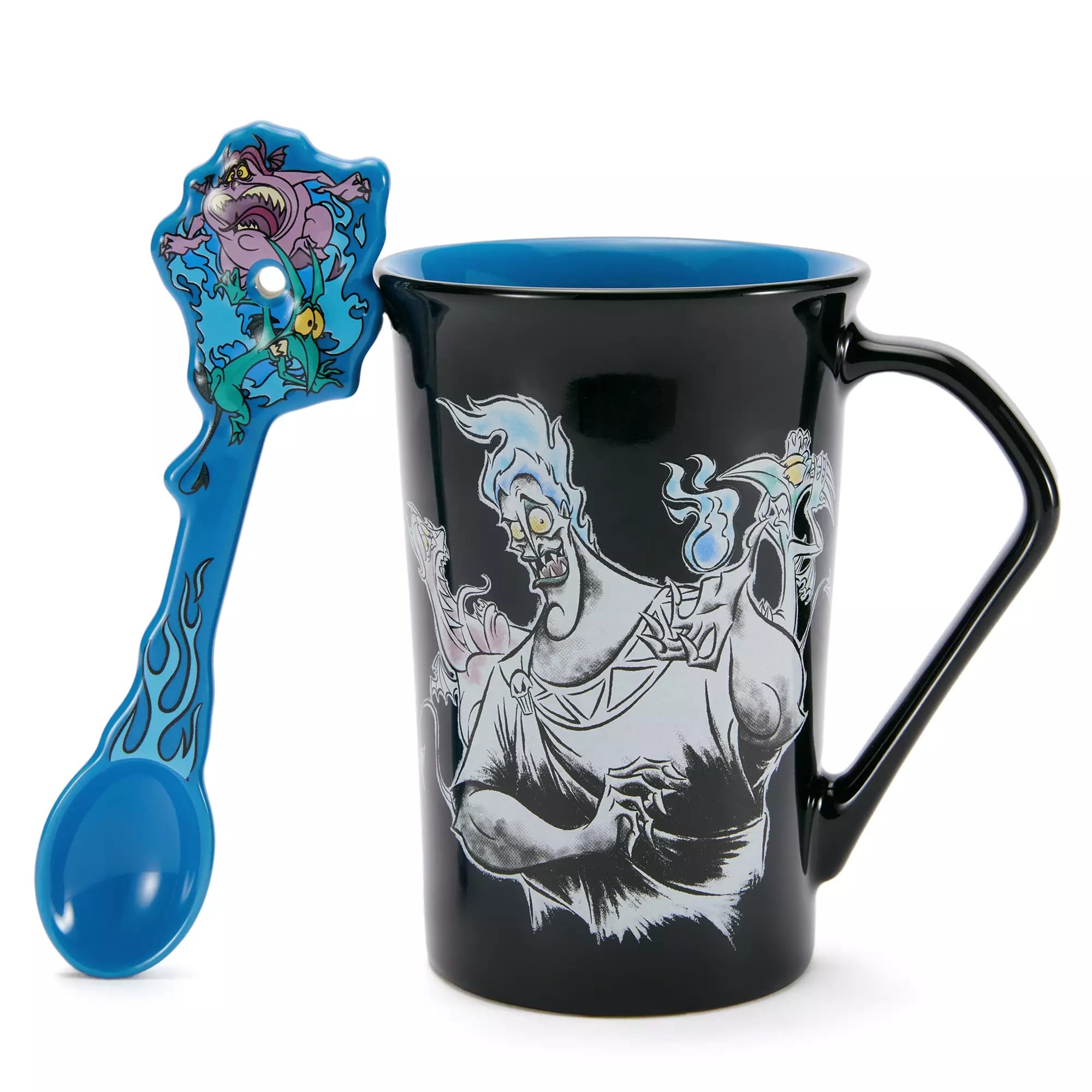 Black mug and blue spoon featuring Disney Villains Hades from Hercules, with blue flame and character art.