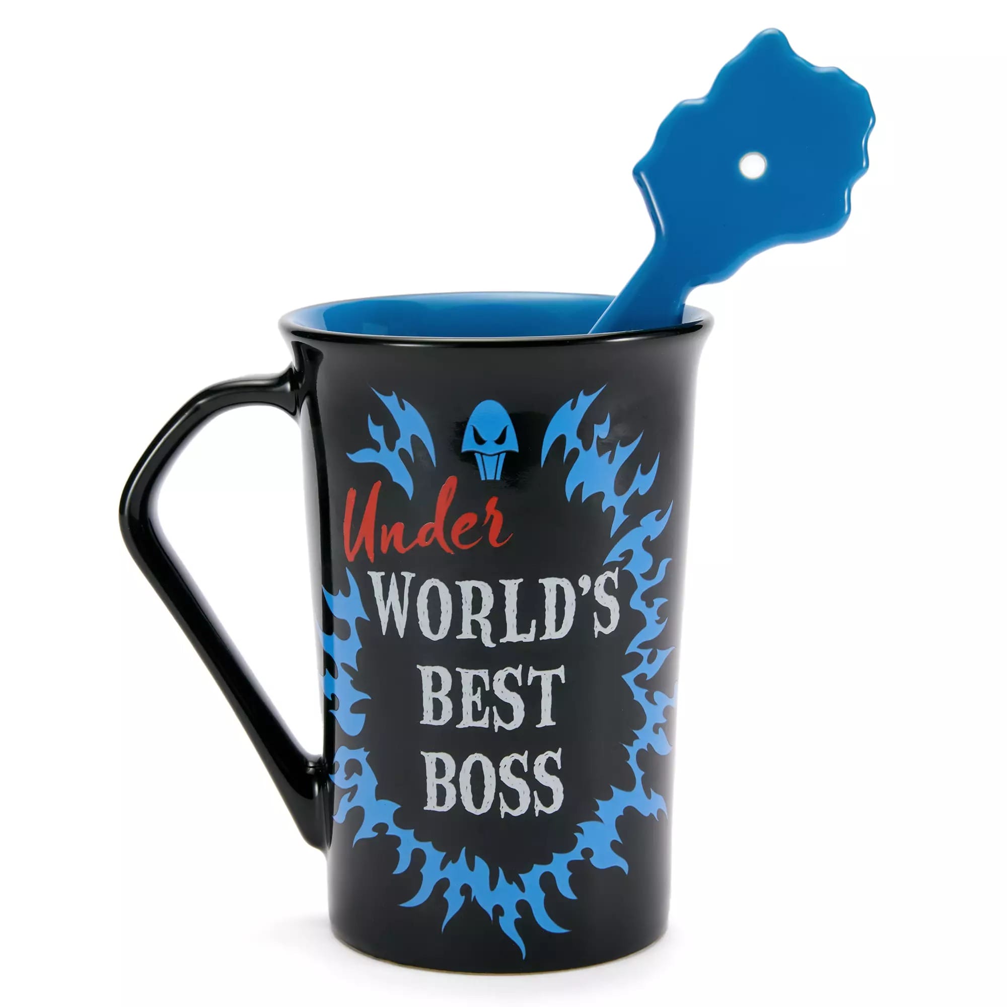 Black mug with blue flames, "Under WORLD'S BEST BOSS," and a Disney Villains flame-shaped spoon included.