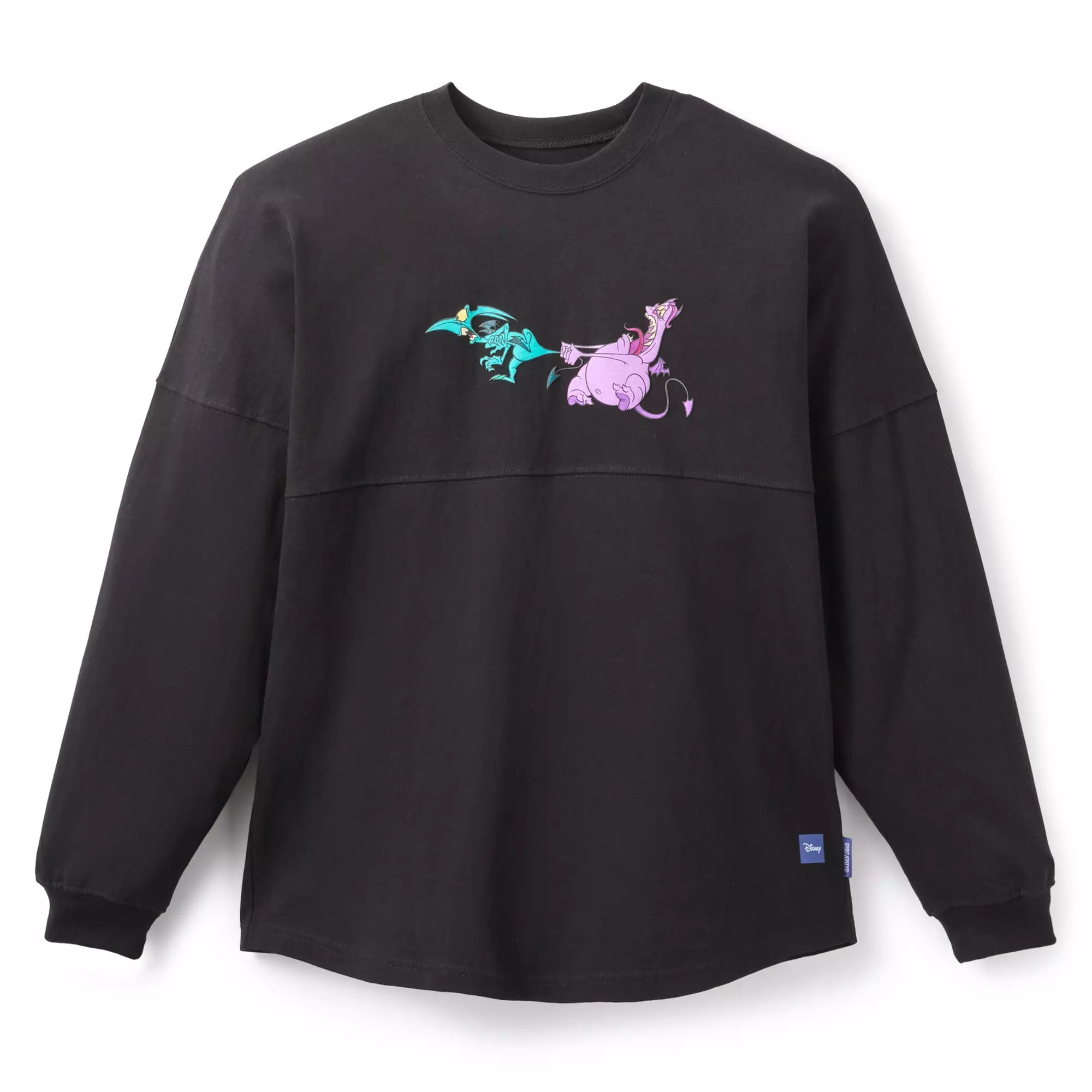 Black long-sleeve shirt featuring colorful cartoon dragon and bat Disney Villains printed across the chest.