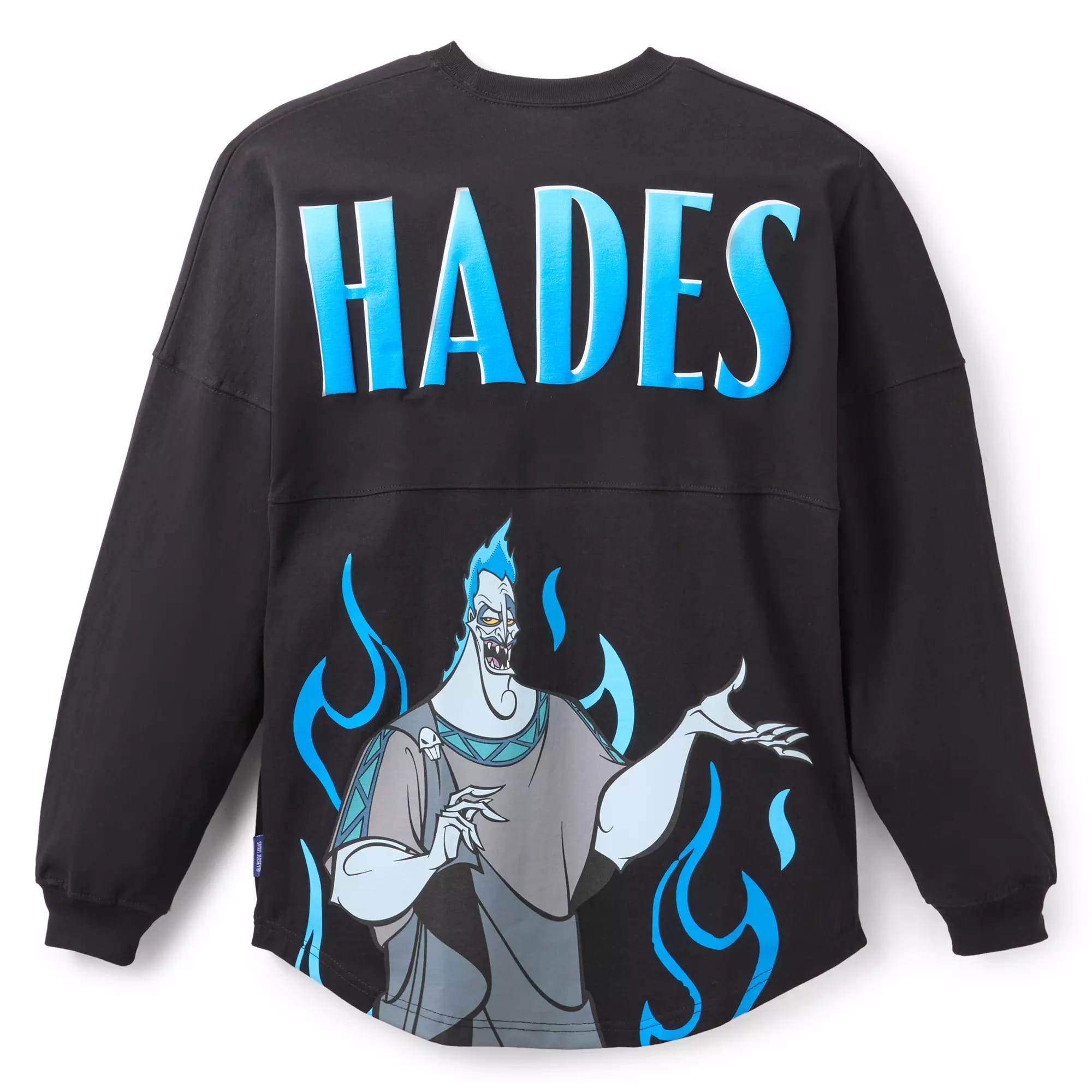 Black long-sleeve shirt featuring "HADES" and blue flame graphic—perfect for Disney Villains Merchandise collectors.