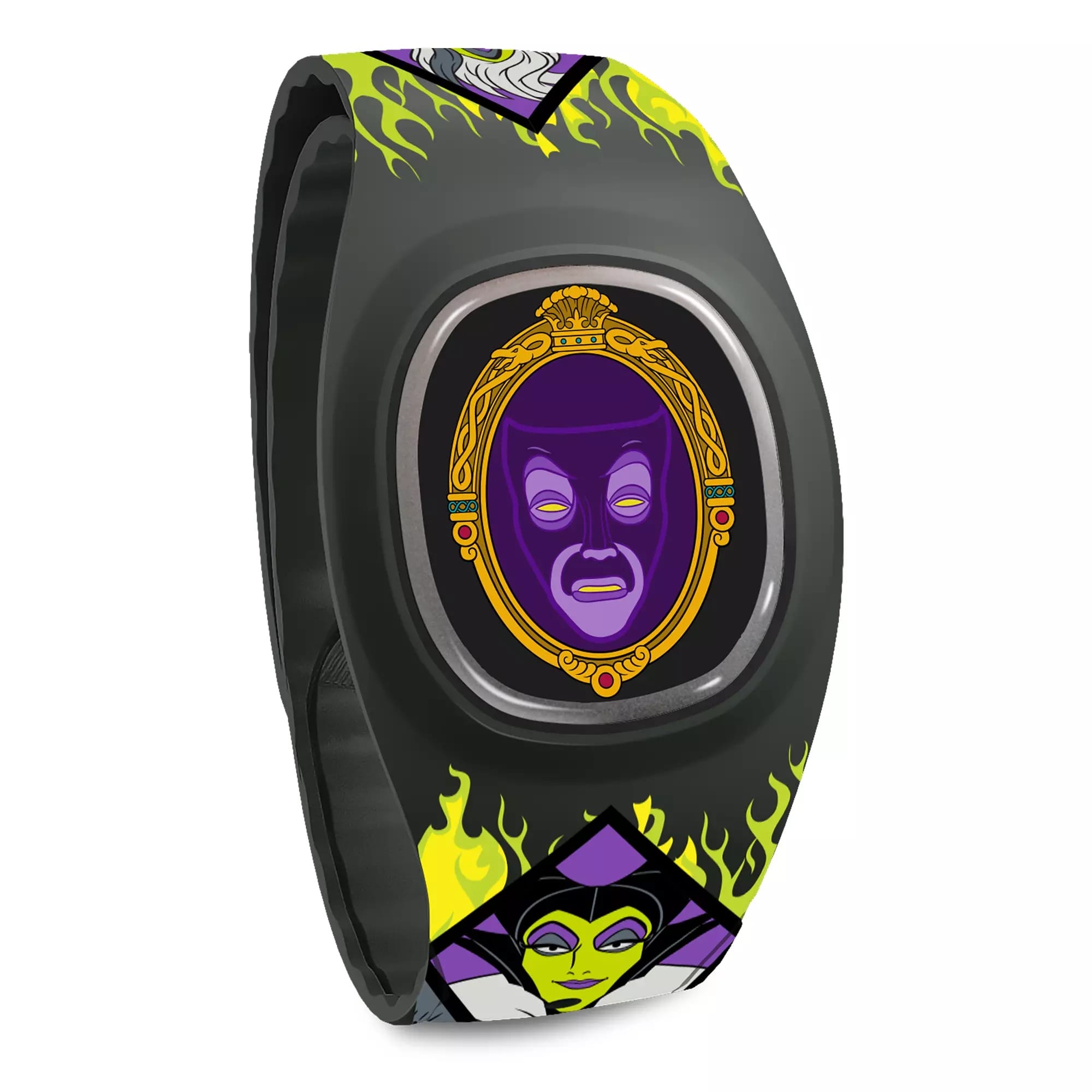 Black wristband featuring Disney Villains, like the Evil Queen’s mirror and Maleficent with green flames—unique Disney merchandise.
