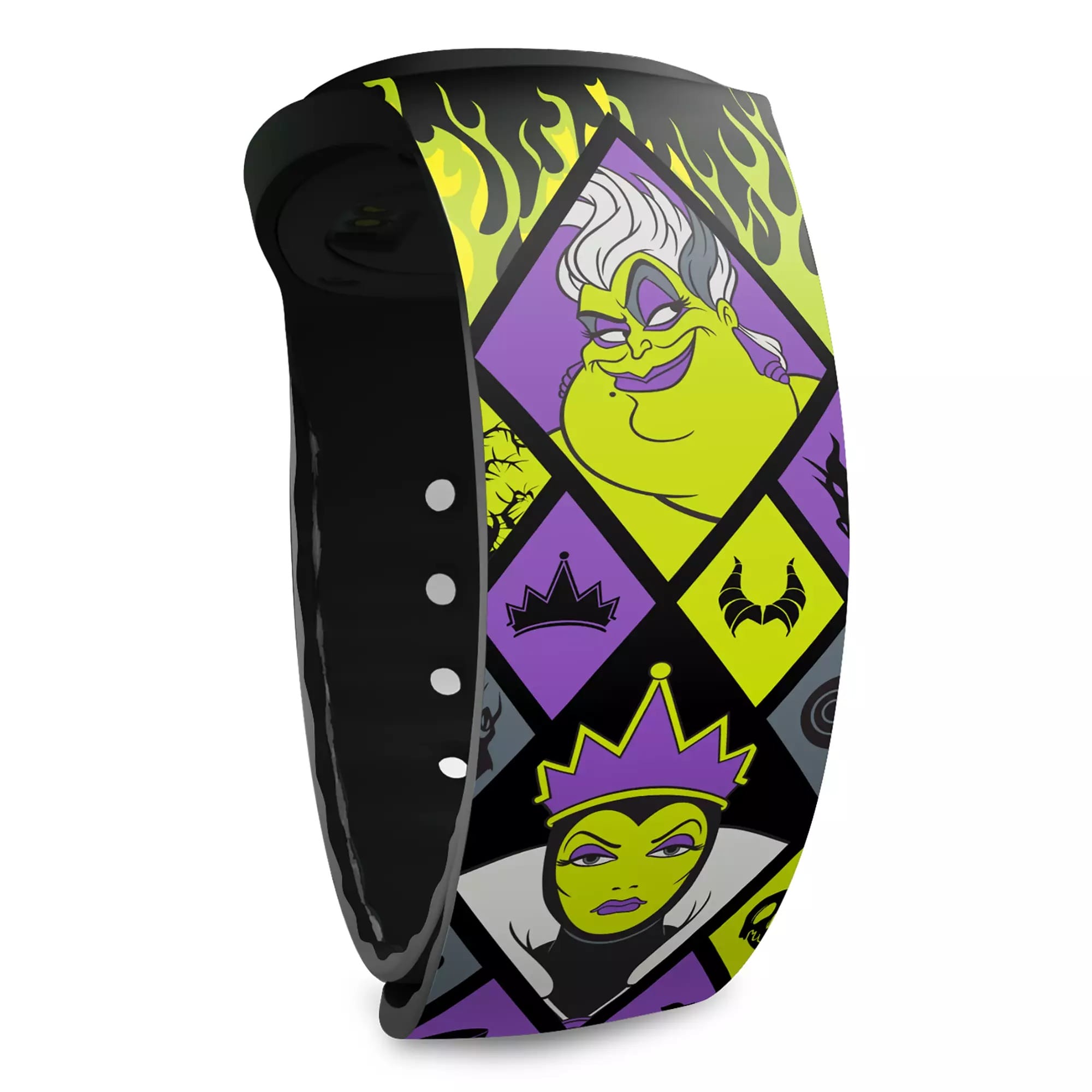 A black wristband featuring colorful Disney Villains Ursula and Evil Queen with flame and crown motifs—perfect villains merchandise.